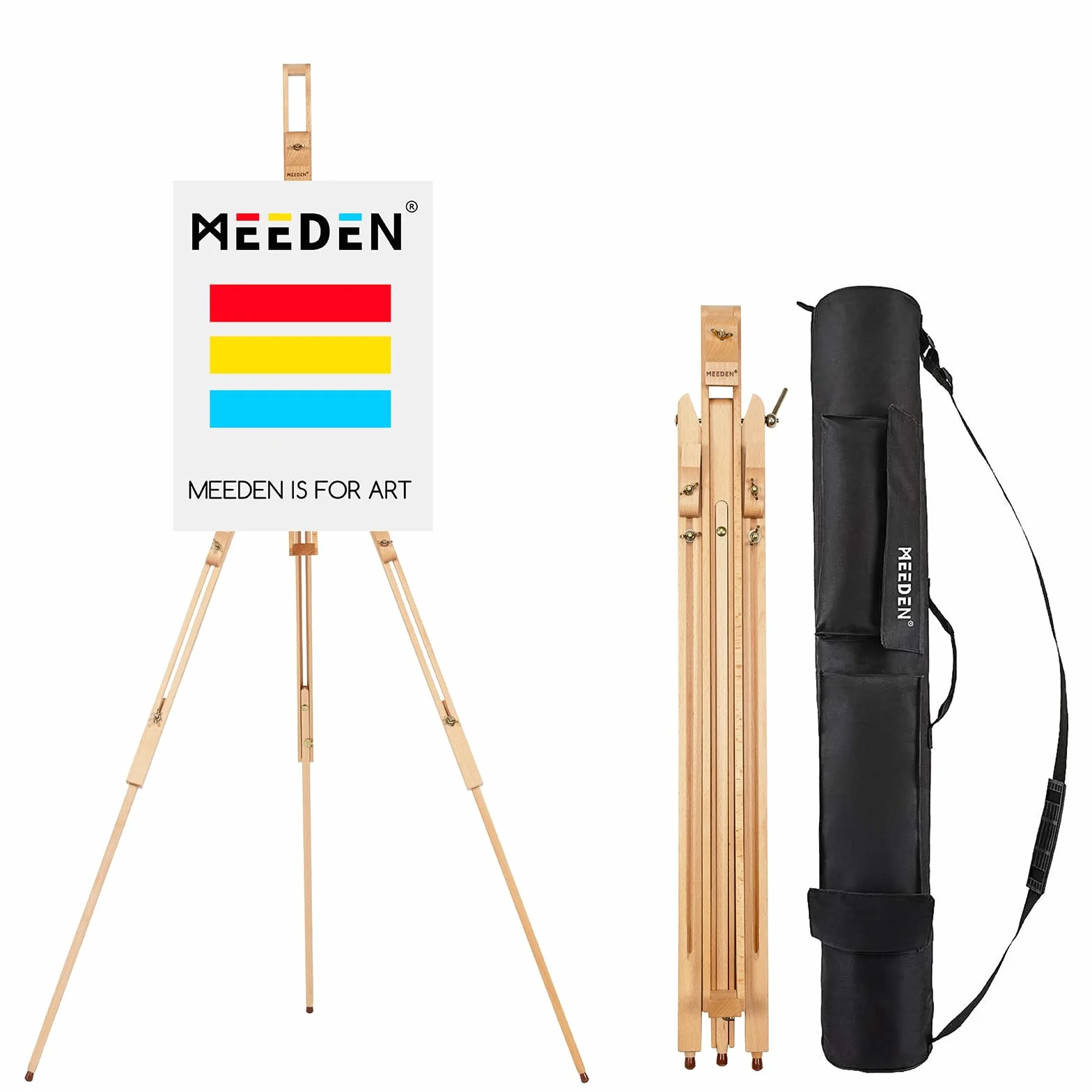 MEEDEN Caballete de trípode universal de madera de haya maciza Caballete de artista de pintura portátil, perfecto para pintores estudiantes, paisajistas, sostiene lienzos de hasta 34 "