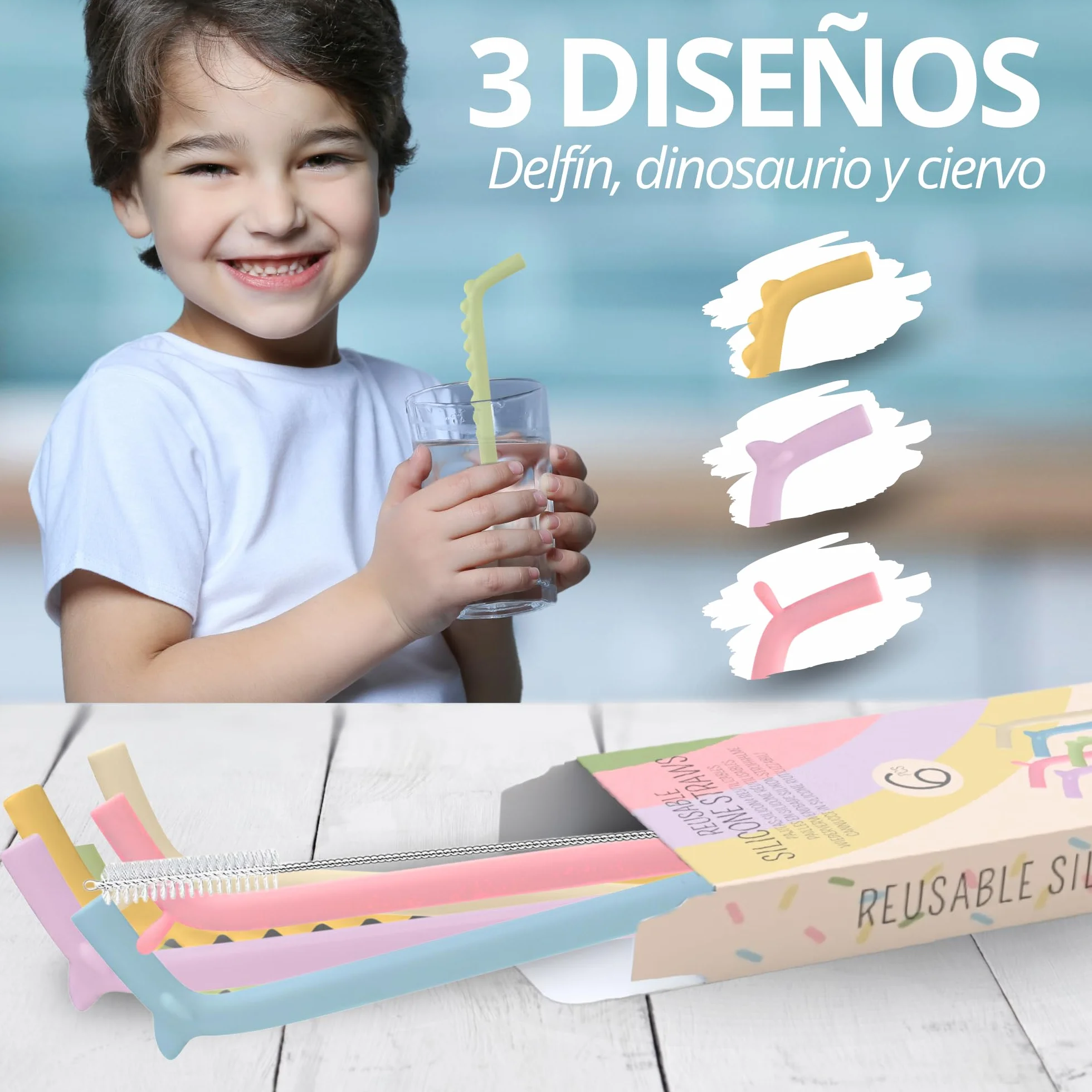 Pajitas reutilizables silicona niños Pack 6 + Cepillo Limpieza Sin BPA LFGB