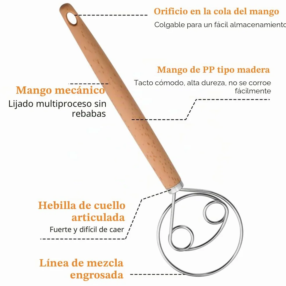 Batidora de acero inoxidable, batidor de masa danés, batidor doble agujero