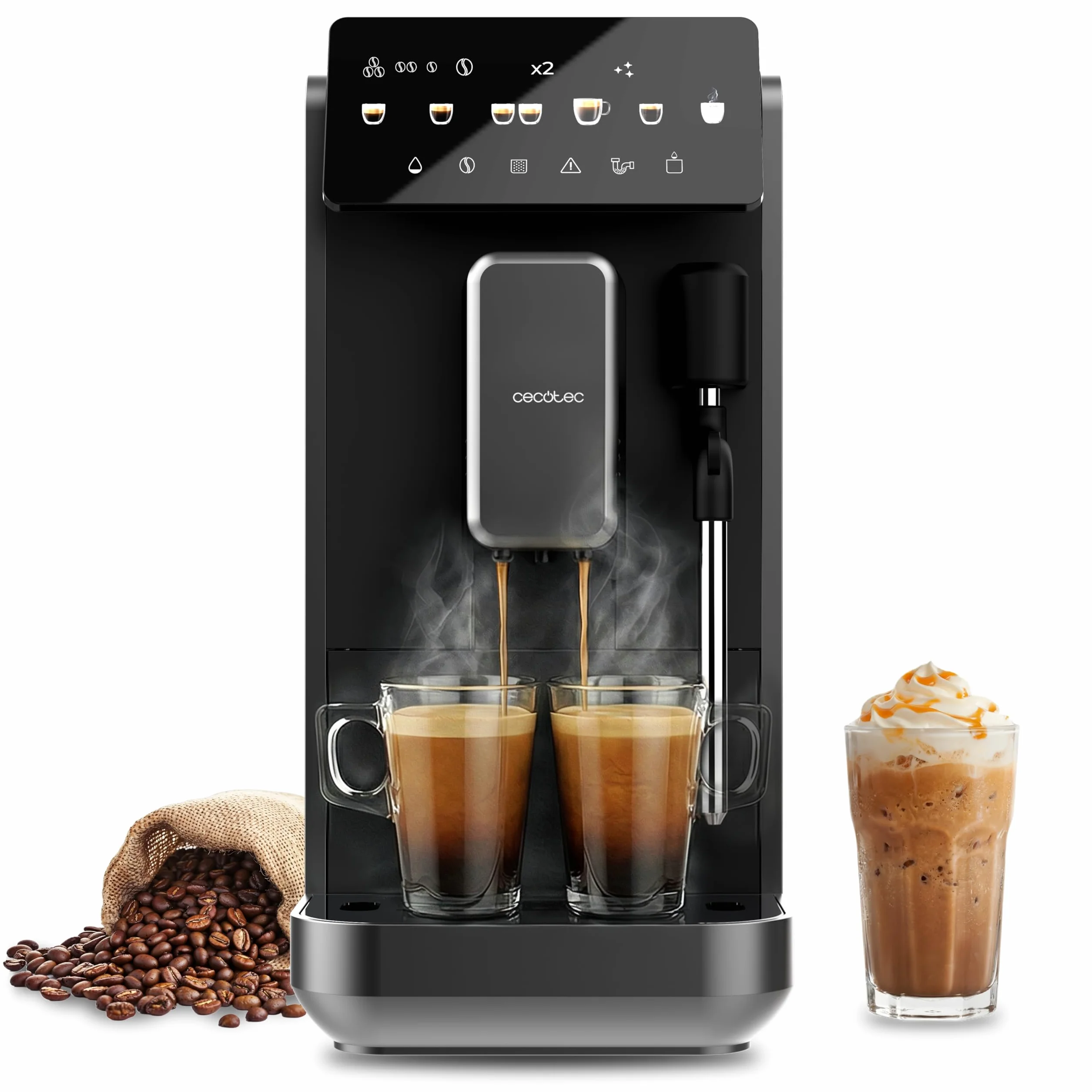 Cecotec Cafetera Superautomática con Vaporizador y Unidad de Procesado 20g Cremmaet Lungo Steam. 19Bares, Thermoblock, 5 Bebidas, 5 Niveles Molido, Descalcificación, Depósito 2L, Pantalla Táctil