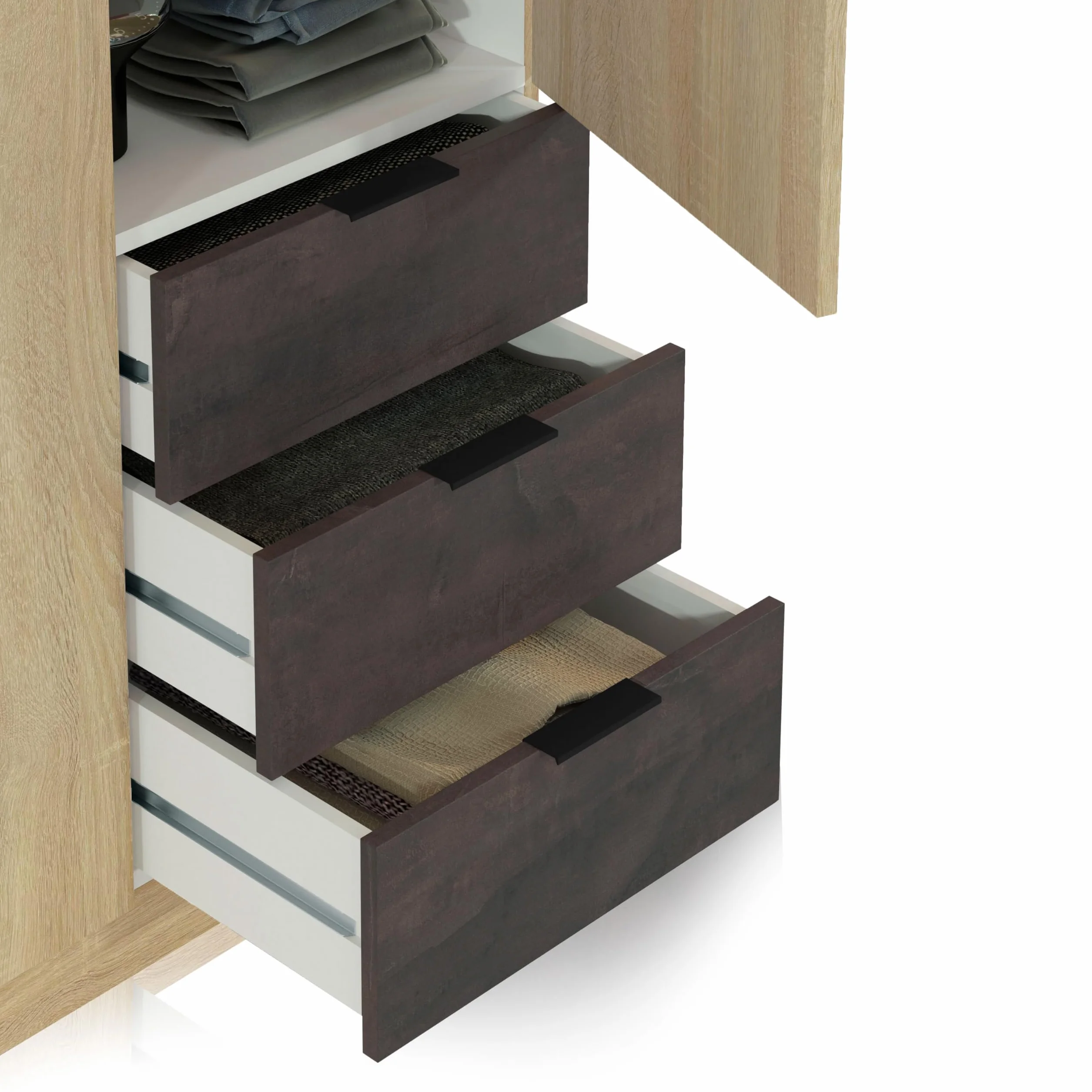 duehome | Armario de 3 Puertas y 3 Cajones, Armario para Dormitorio, Modelo Hexa, Acabado en Roble Canadian y Oxido, Medidas: 121 cm (Largo) x 180 cm (Alto) x 52 cm (Fondo)
