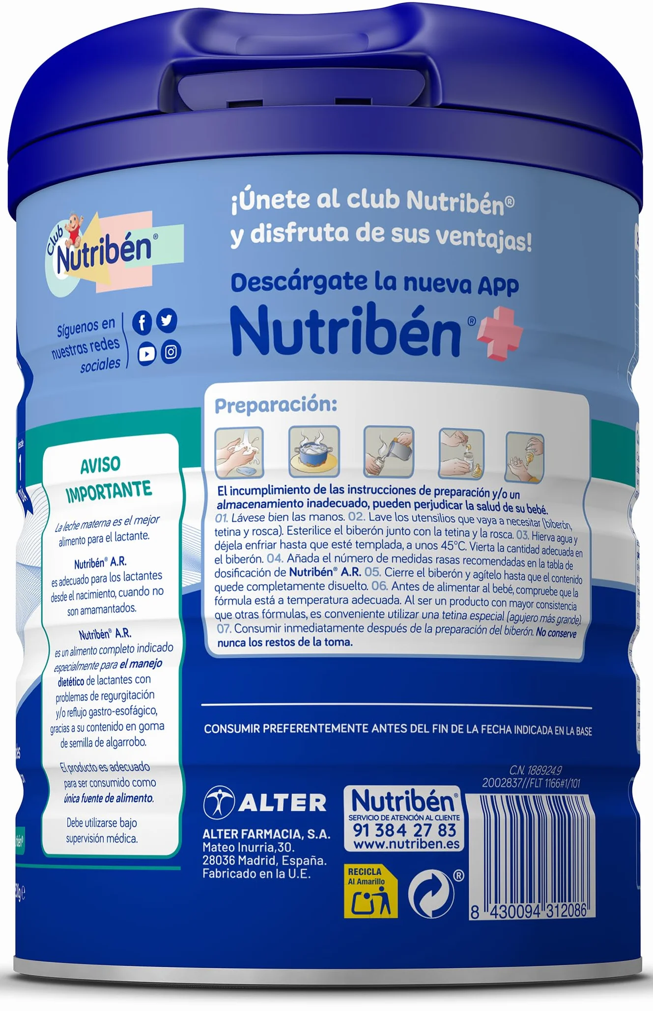 Nutribén AR Leche en Polvo Bebé AntiReflujo y AntiRegurgitación 800g sin Aceite de Palma con Cacito Dosificador