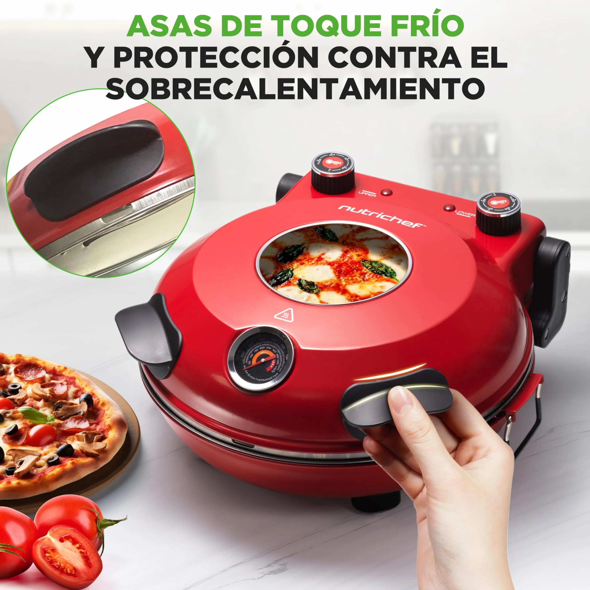 Nutrichef Horno Electrico para Pizza 1200W Control de Temperatura con Termometro Ventana de Visualizacion Antiadherente