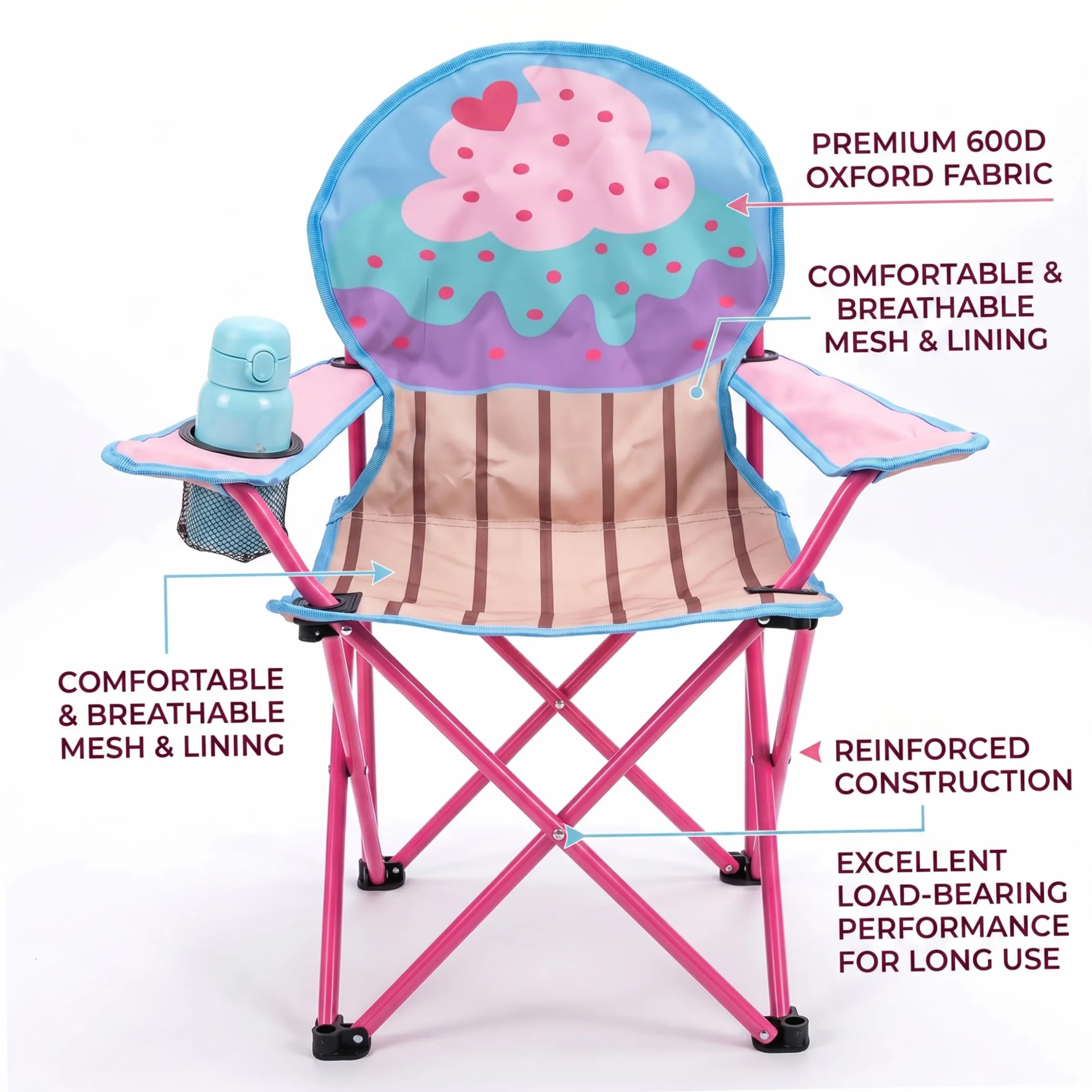 Silla plegable para campamento para niños con portavasos, silla portátil para exteriores para niños pequeños de tela Oxford 600D, patrón de helado de pastel, liviana para playa, senderismo, picn