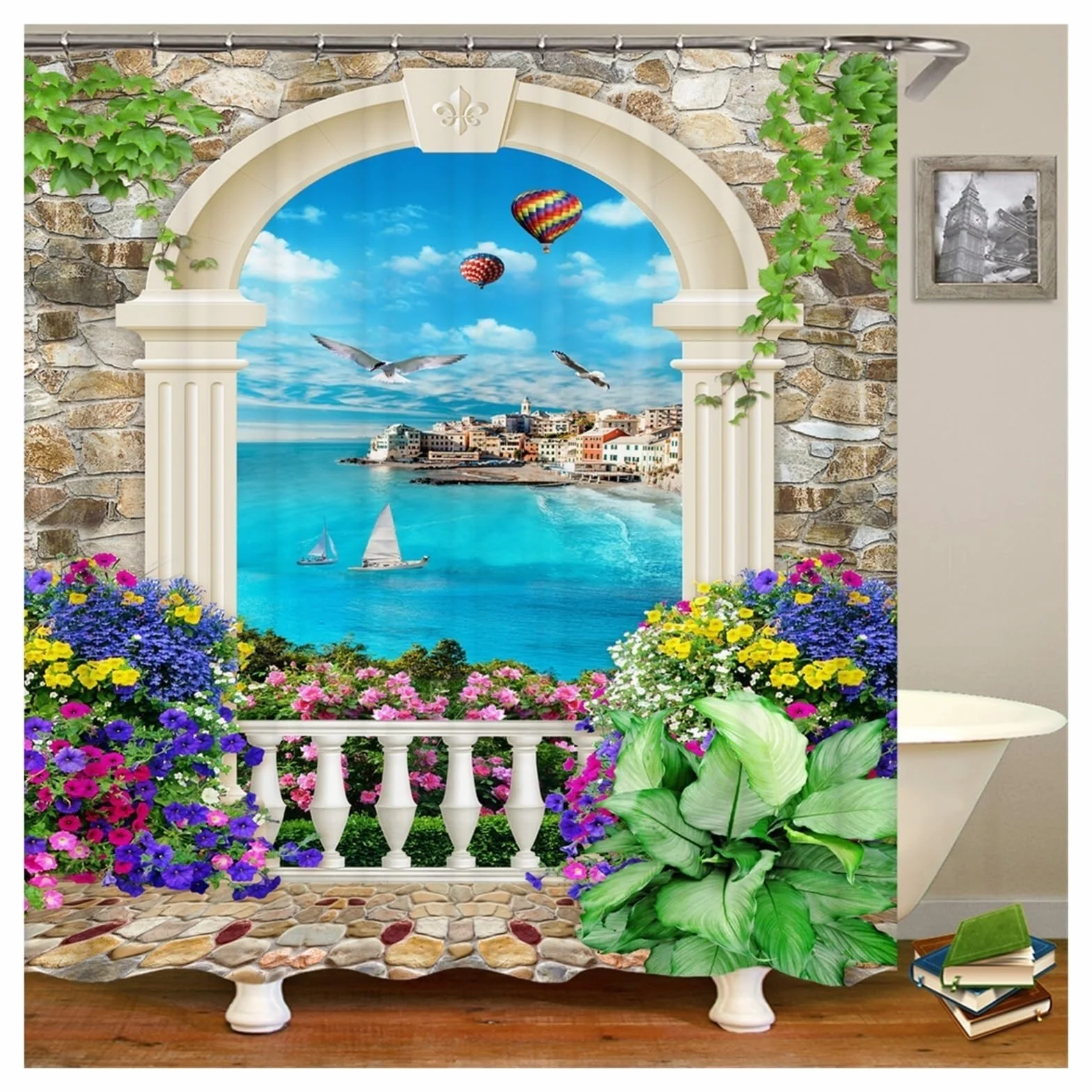 Cortina De Ducha Cortinas de Ducha Impermeables con Paisaje de Flores, Cortinas de baño de Flores de Calle Rural, Tela de poliéster, decoración Lavable, Cortinas de baño(JK8840,W300xH180cm)