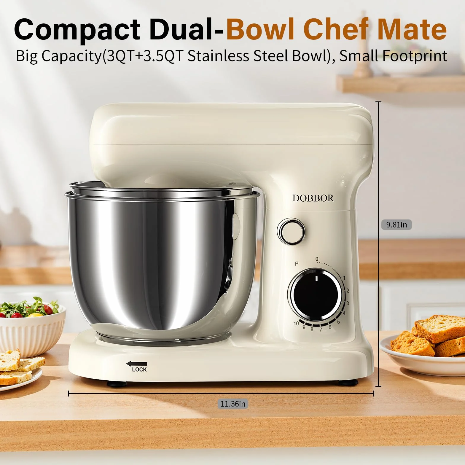 Batidora Amasadora Doble Bol De 2.5L+3L, Batidora EléCtrica De 10 Velocidades Y 1500w - Incluye Batidor De Huevos, Gancho Para Masa Y Batidor Plano Para ReposteríA Casera (Blanco lechoso)