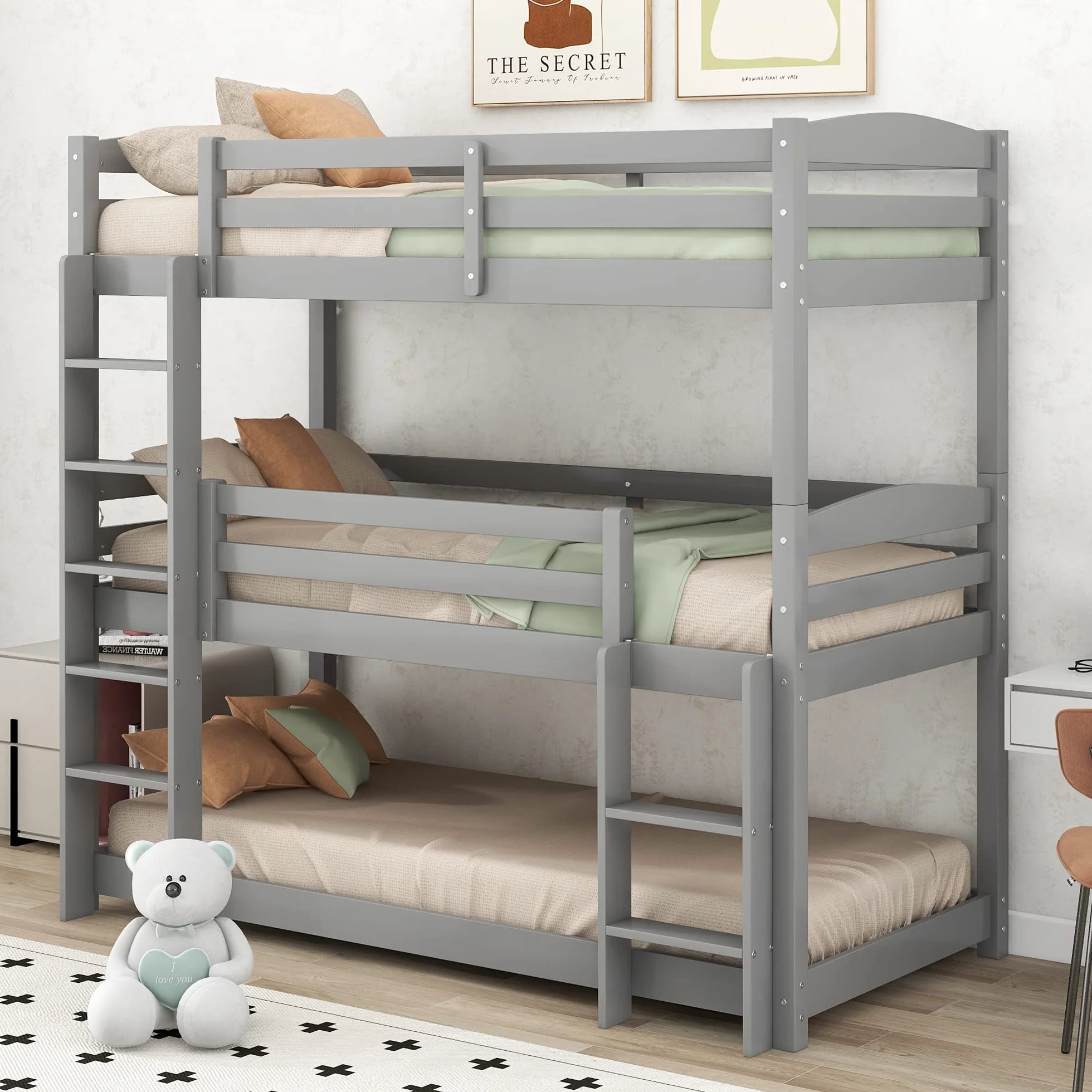 Azkoeesy Litera para 3 Niños 90x200 cm, Estructura Modular, con Somier y Barandilla de Seguridad, Madera de Pino Color Gris