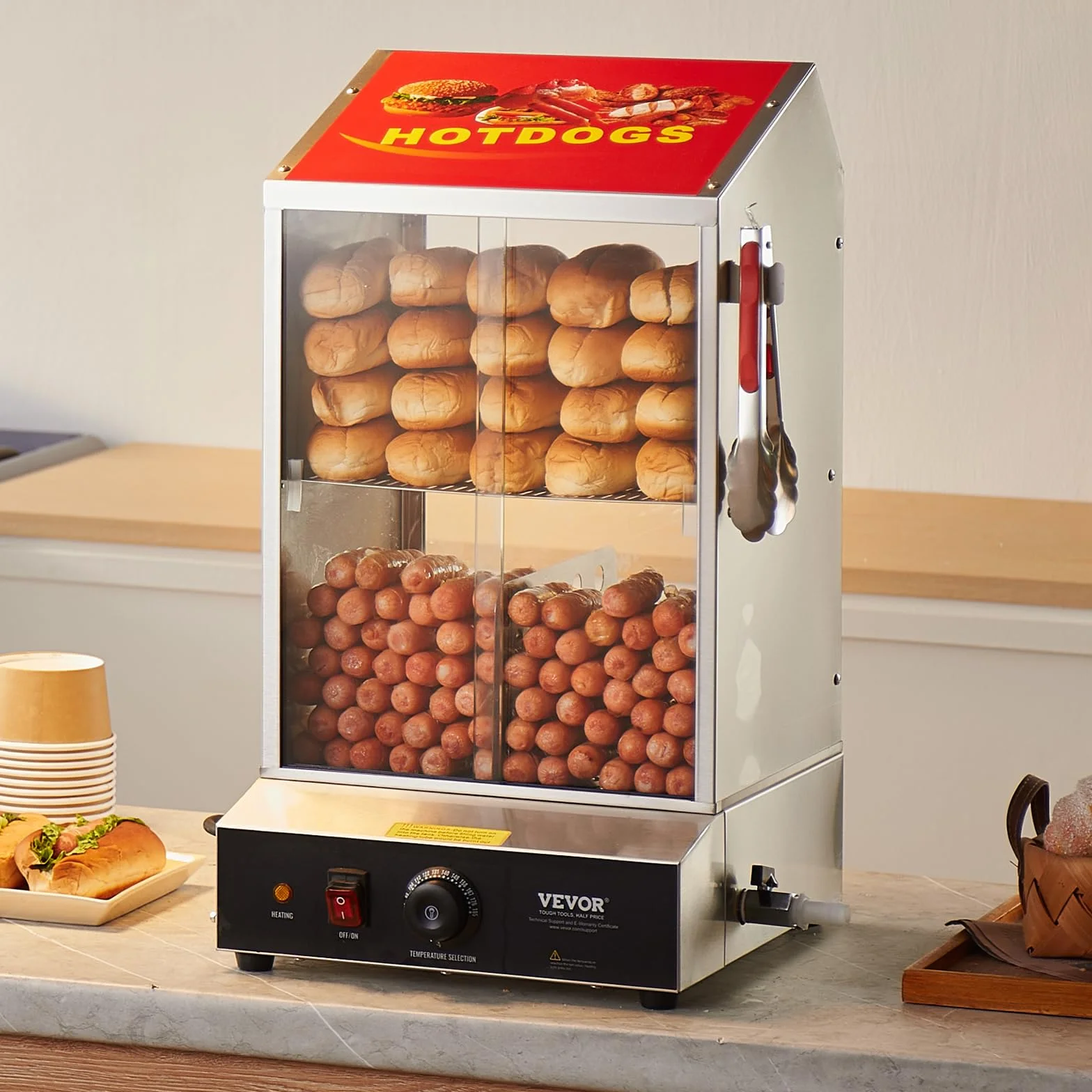 VEVOR Vaporera para Perritos Calientes, 37 L, 2 Niveles, Control de Temperatura de 30 ℃ a 85 ℃, con Puertas Corredizas de Vidrio Templado, Pinzas Placa Divisoria, Acero Inoxidable, 345 x 380 x 640 mm