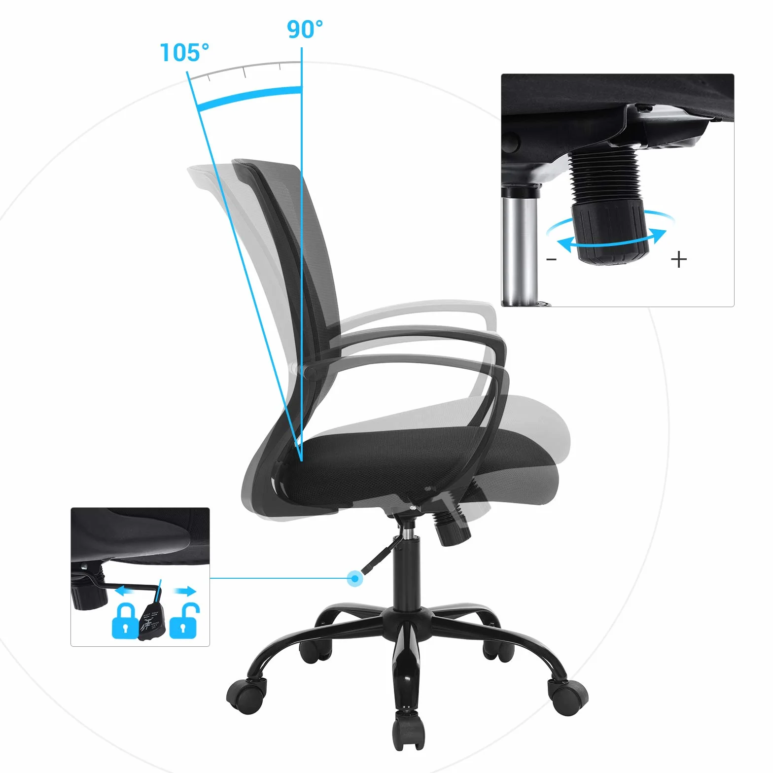 SONGMICS Silla Giratoria Oficina Regulable Altura Respaldo Malla Transpirable Carga Máx 120 kg Negro OBN22BK 58x60,5x(96-104) cm