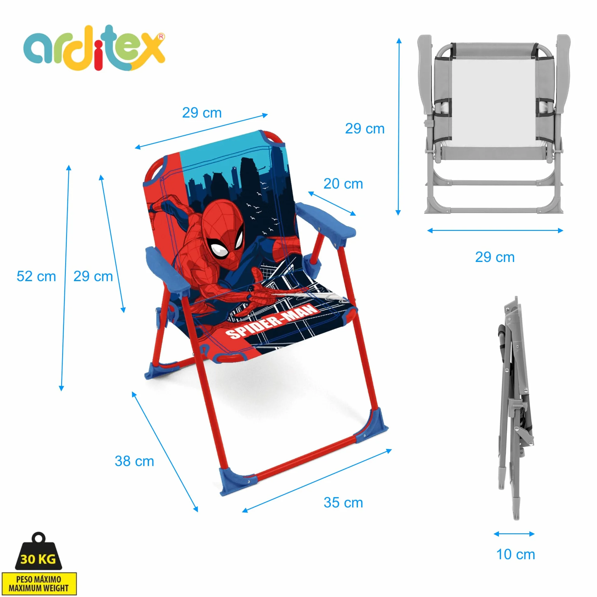 ARDITEX Silla Plegable con Brazos de Spiderman de Marvel - 38x32x53cm - Adecuado para jardín, Camping, Playa o montaña - Ideal para niños y niñas.