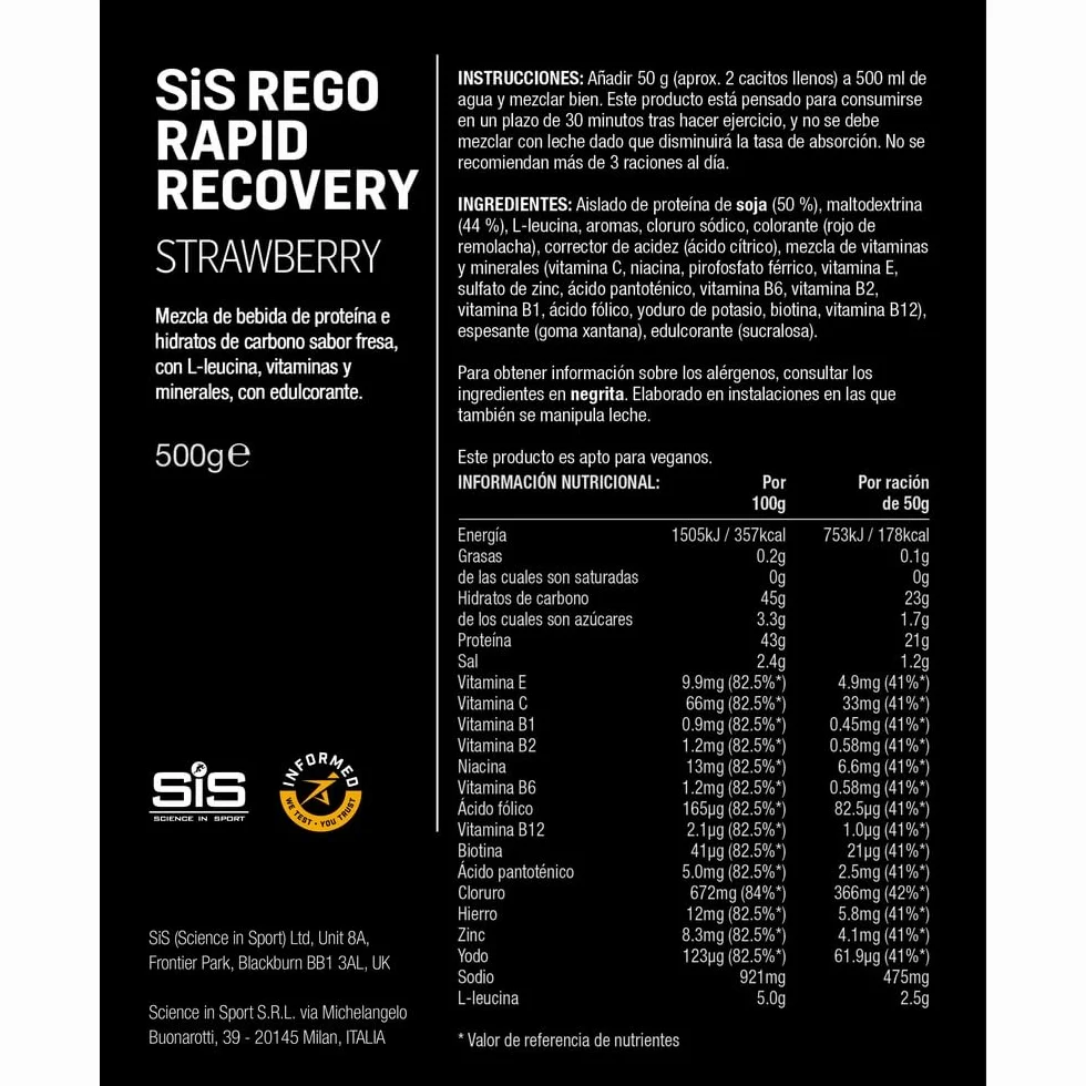 Science in Sport Rego Rapid Recovery 500g Fresa Vegan Bebida regeneradora en polvo con carbohidratos, proteínas, electrolitos, vitaminas y minerales