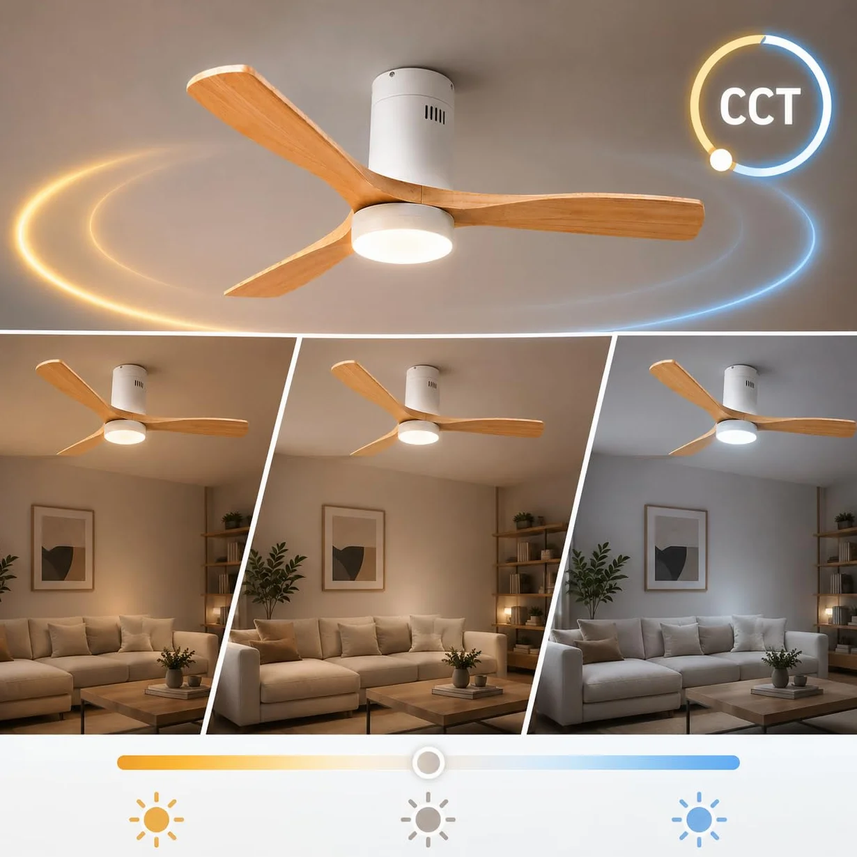 M mimotec - Ventilador Techo Energy con Luz LED Regulable en intensidad, Motor DC Silencioso, Aspas Efecto Madera Ø132 cm, Mando, 6 Velocidades, 3 Temperatura de Luz, Temporizador, Verano/Invierno