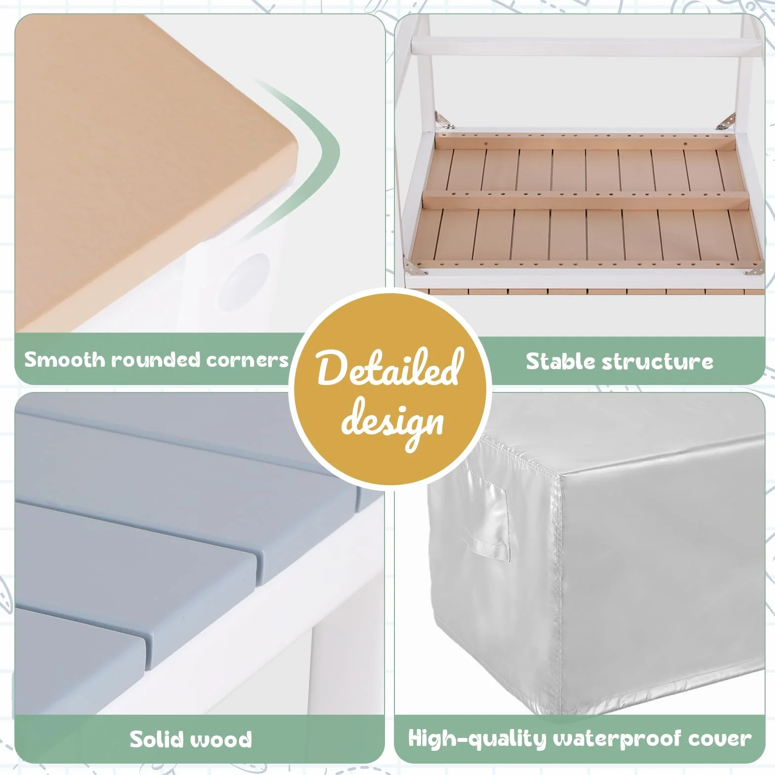 MAMIZO Mesa y Sillas de Terraza Infantiles de Madera con Cubierta Impermeable, 2 PCS Taburetes para Niños 3+
