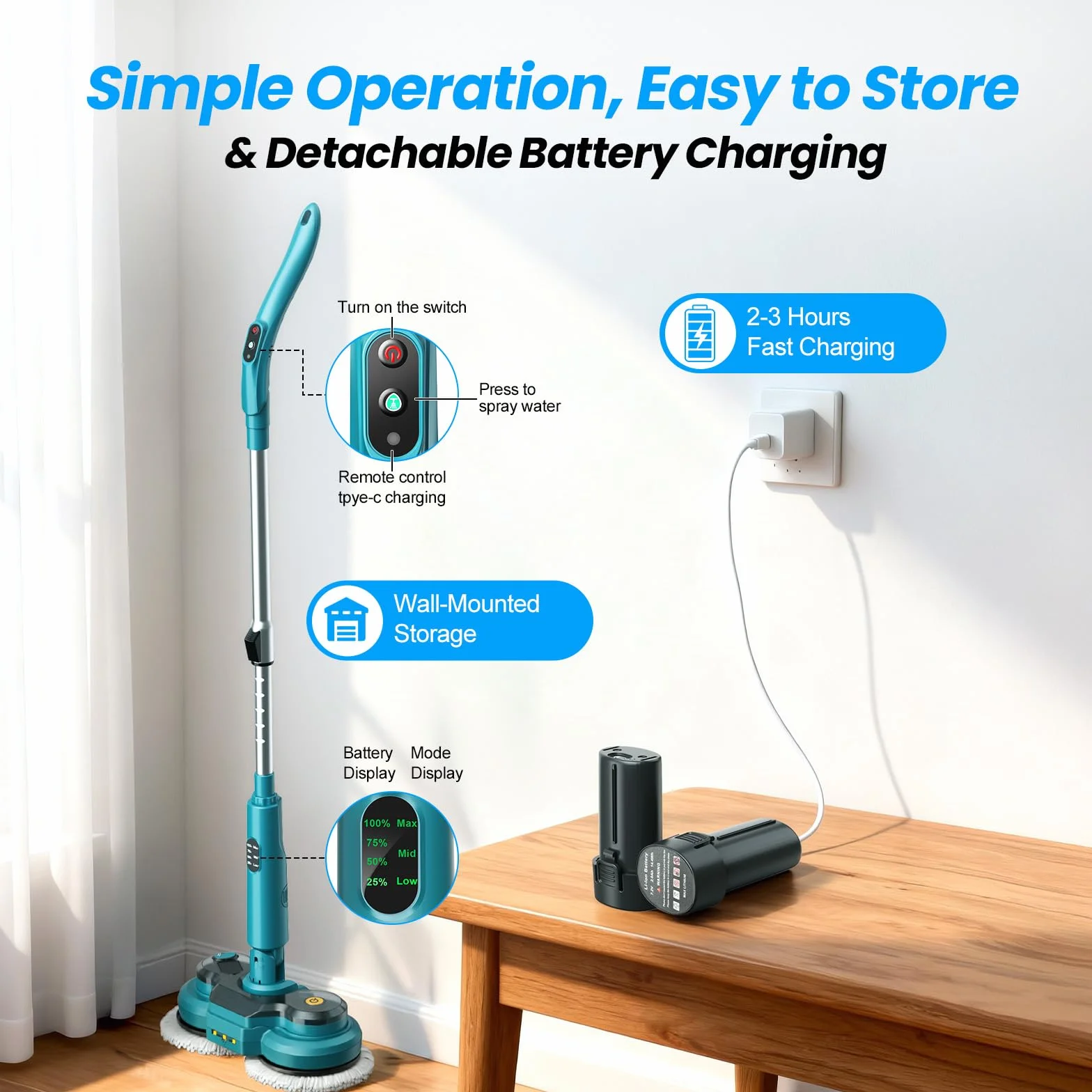 Mopa Eléctrica Inalámbrica con 2 Baterías de 2000 mAh, Mopa Electrica para Suelos con Rociador de Agua/Luz Frontal LED/Pantalla Inteligente,Pulidora de Suelos con Depósito de 300ML para Múltiples