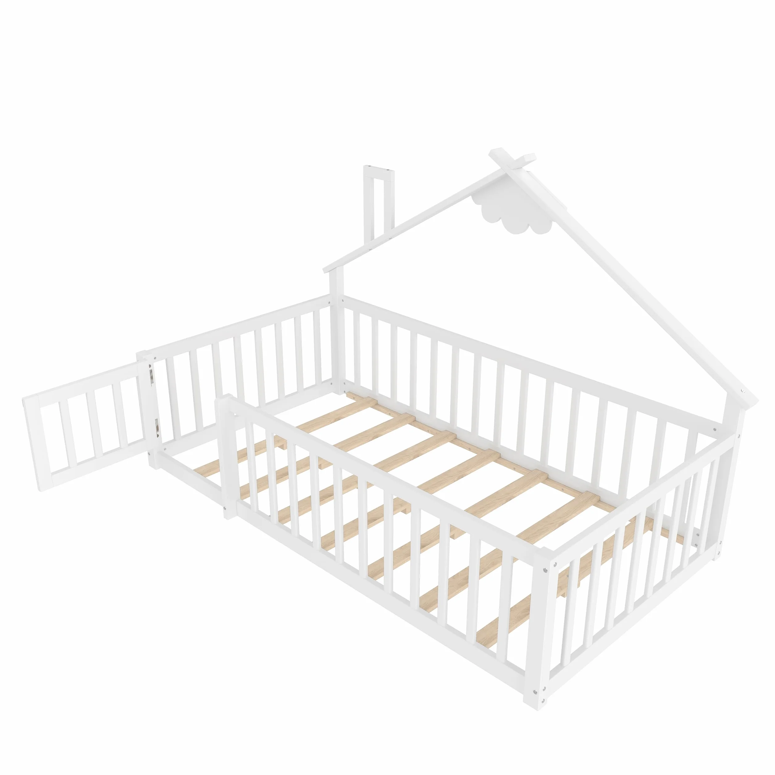 Cama de suelo de 90 x 190 cm con protección anticaída y puerta con cerradura, estructura de cama infantil, cama de madera de pino con somier, cama de madera, sin colchón