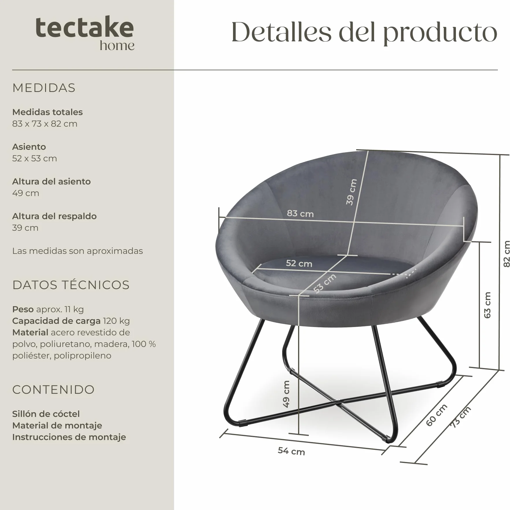 tectake® Sillón de Cóctel Redondo, Estilo Escandinavo, Respaldo Continuo, Acolchado con Espuma de Alta Densidad, Sillón Relax, Muebles Salón, Butacas Dormitorio, Silla Tapizada - Terciopelo Antracita