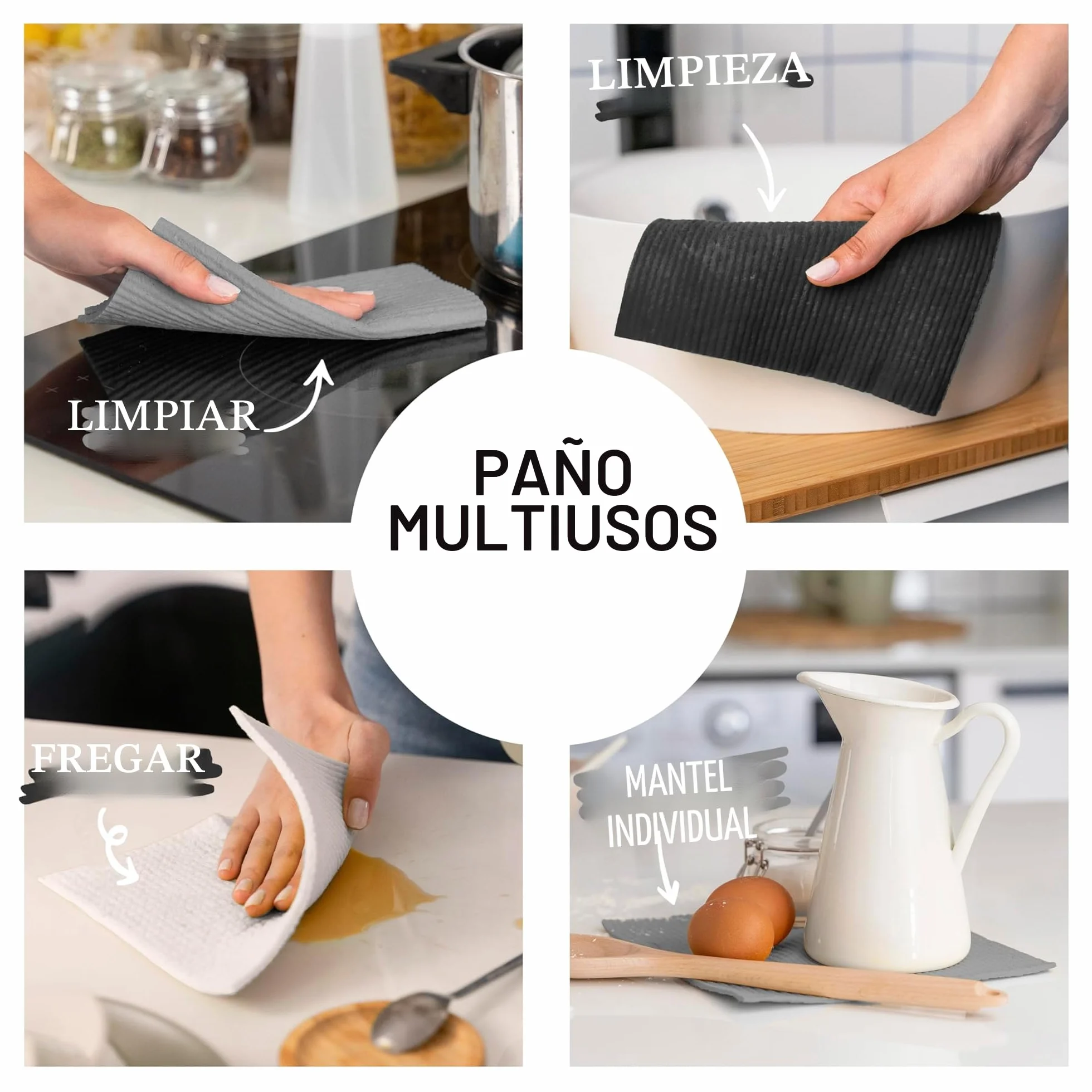 SUPERSCANDI 6 Piezas Paños de Cocina Biodegradables Compostables Reutilizables Sin Plástico Gris