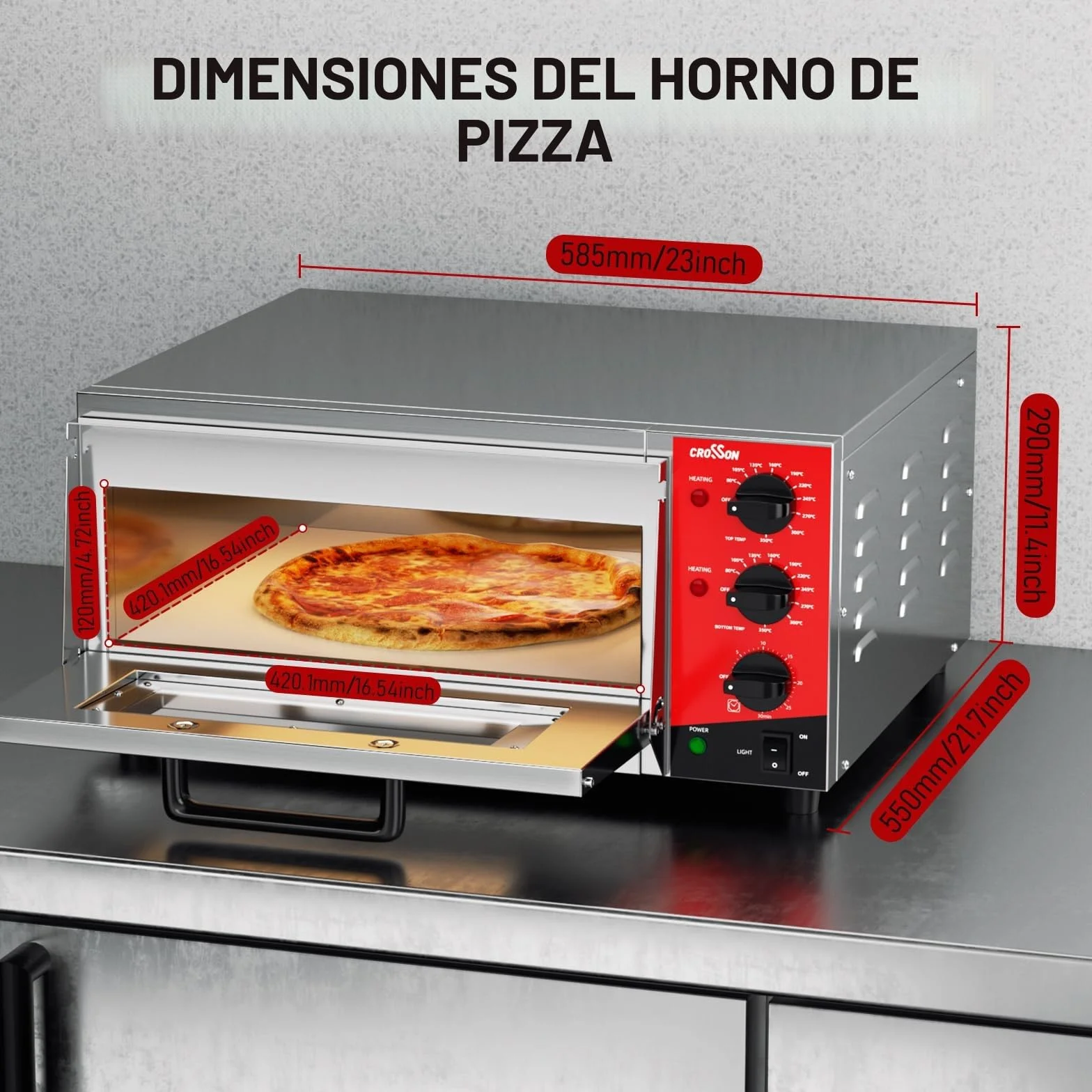 CROSSON Horno eléctrico para pizza 16 pulgadas 230V 2000W acero inoxidable con piedra y asa