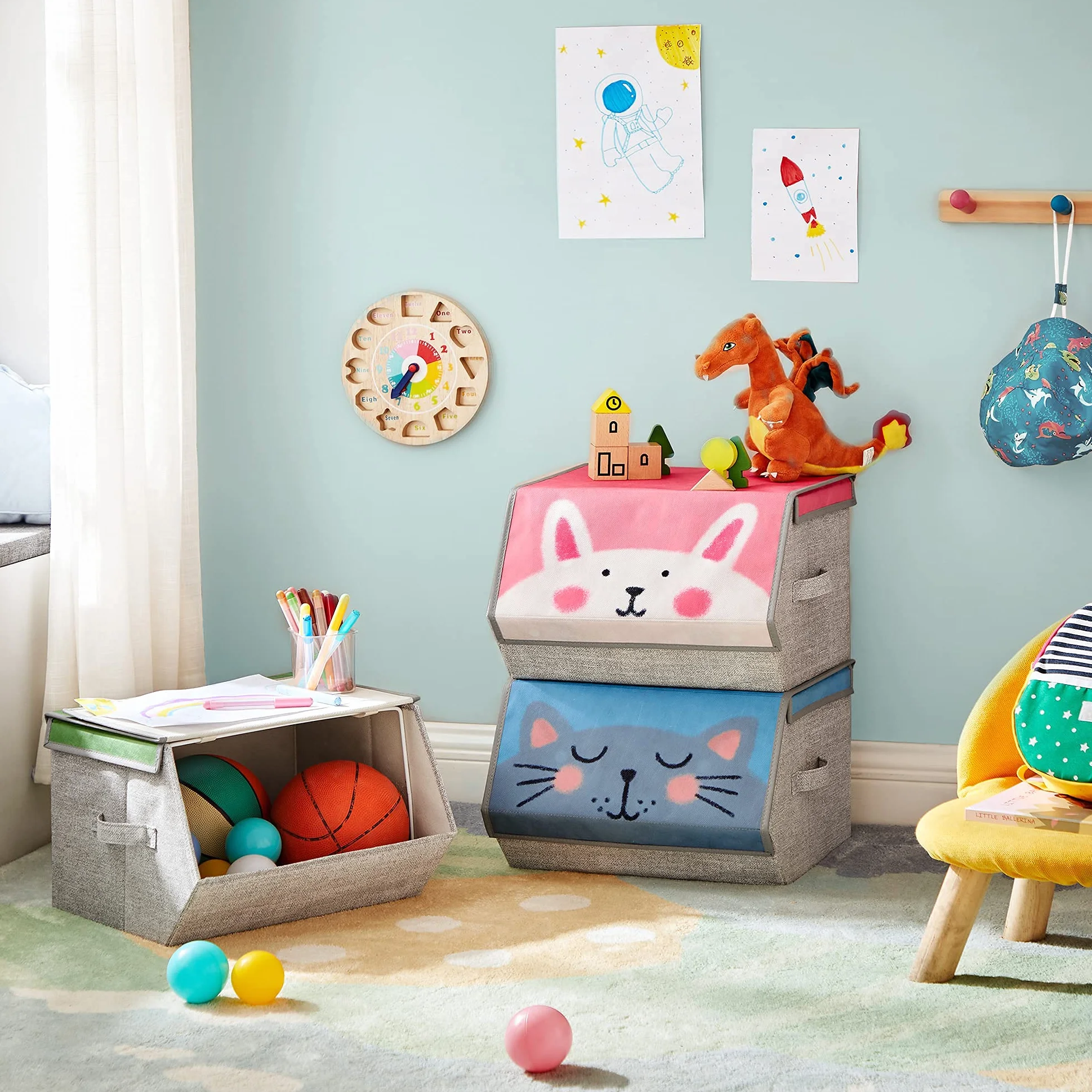 SONGMICS Caja Almacenaje Tela Infantil Plegable Juego 3 Apilables Asas Tapa Magnética Conejo Gato León Rosa Azul Verde Gris