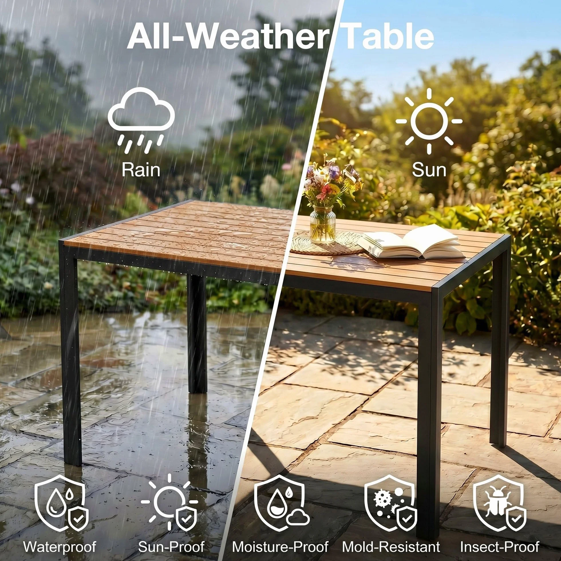 LIFERUN Mesa de Jardín Moderna de WPC 110 x 70 cm, Mesa de Comedor Exterior para 4-6 Personas, Mesa de Balcón de Aluminio, Diseño de Rayas Efecto Madera,Marrón Teca
