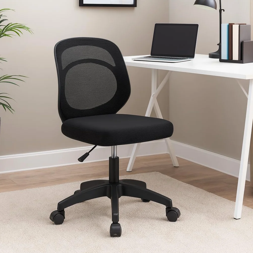 Silla de Oficina Ergonómica Sin Reposabrazos con Soporte Lumbar, Tela Transpirable, Ruedas, Giratoria, Asiento Espuma Alta Densidad