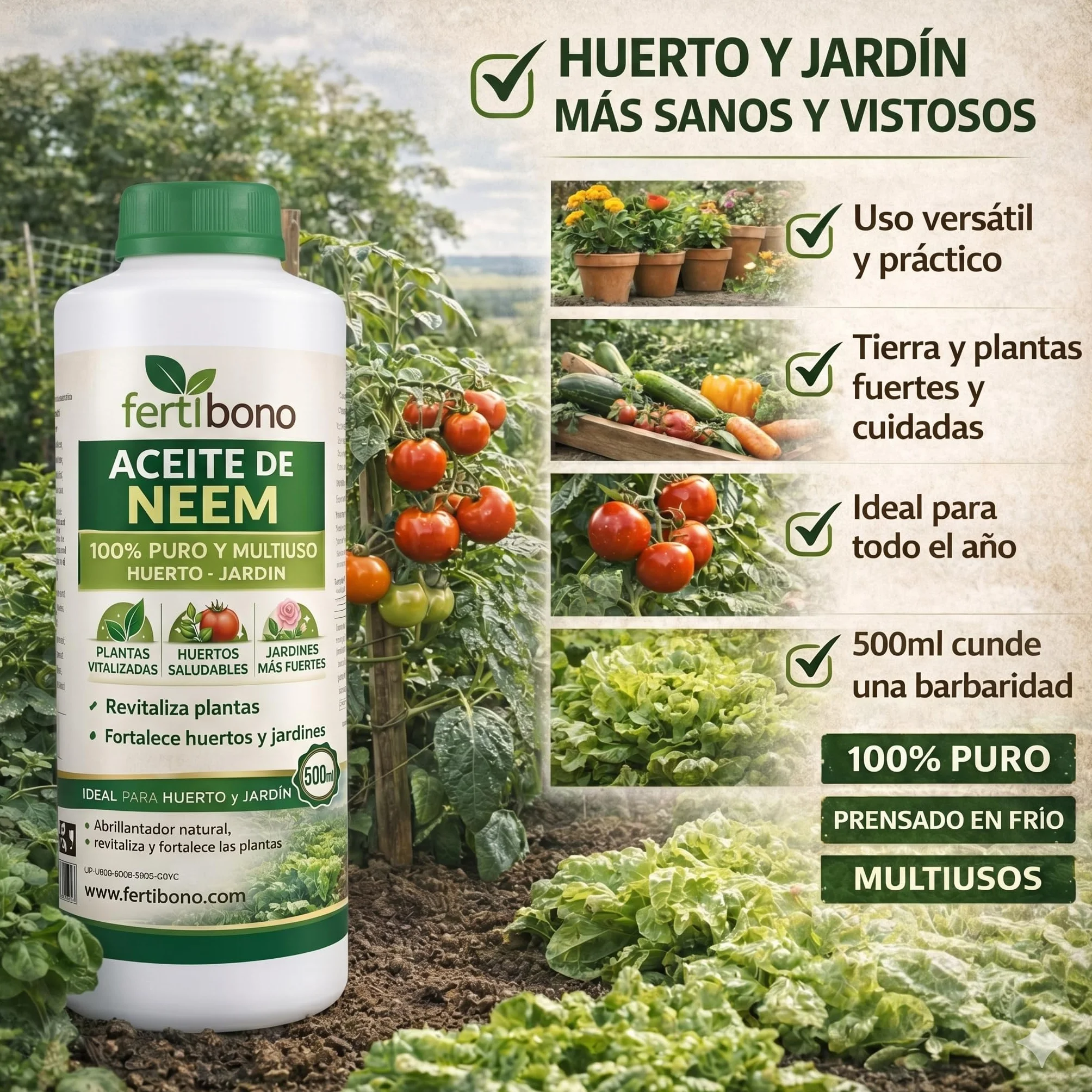FERTIBONO Aceite de Neem 100% Puro 500 ml Prensado en Frío