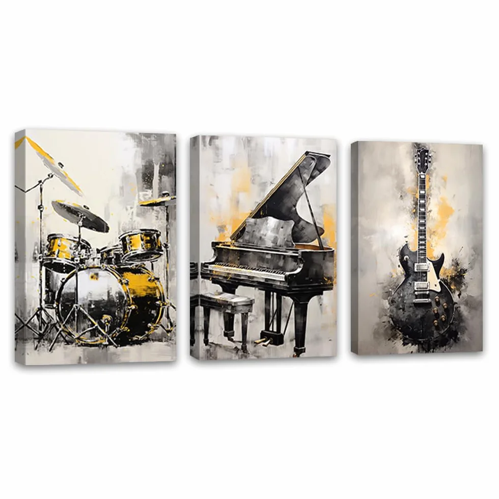 ZQQART 3 piezas de instrumentos musicales abstractos, arte de pared, piano, guitarra, batería, impresiones de pintura, impresiones temáticas musicales, obras de arte, marco de decoración de tienda de