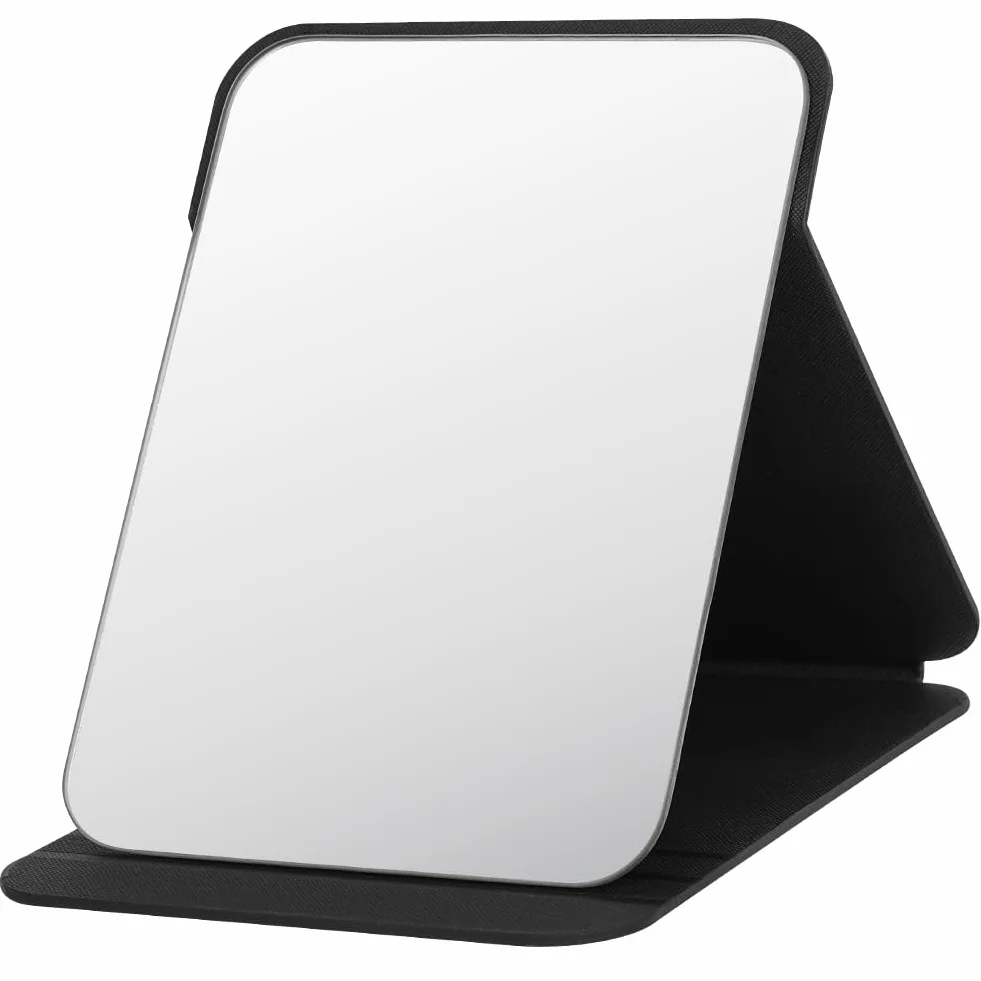 OSDUE Espejo Plegable de Maquillaje de Viaje Portátil de Cuero PU con Soporte Ajustable, Negro Grande y Extra Grande