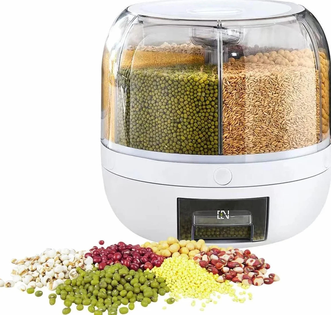Dispensador de alimentos redondo de 6 rejillas, rotación de 360°, capacidad de 5 kg, contenedor de almacenamiento de alimentos secos con tapa dividida, recipiente de cereales, recipientes para arroz,