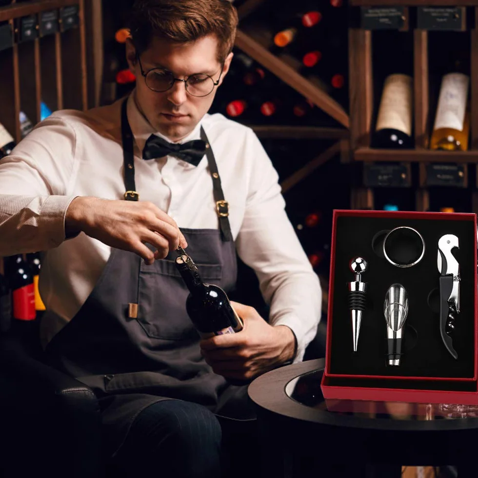 Abridor de Vino Sacacorchos Profesional Estuche Acero Inoxidable Kit Regalo 4 en 1