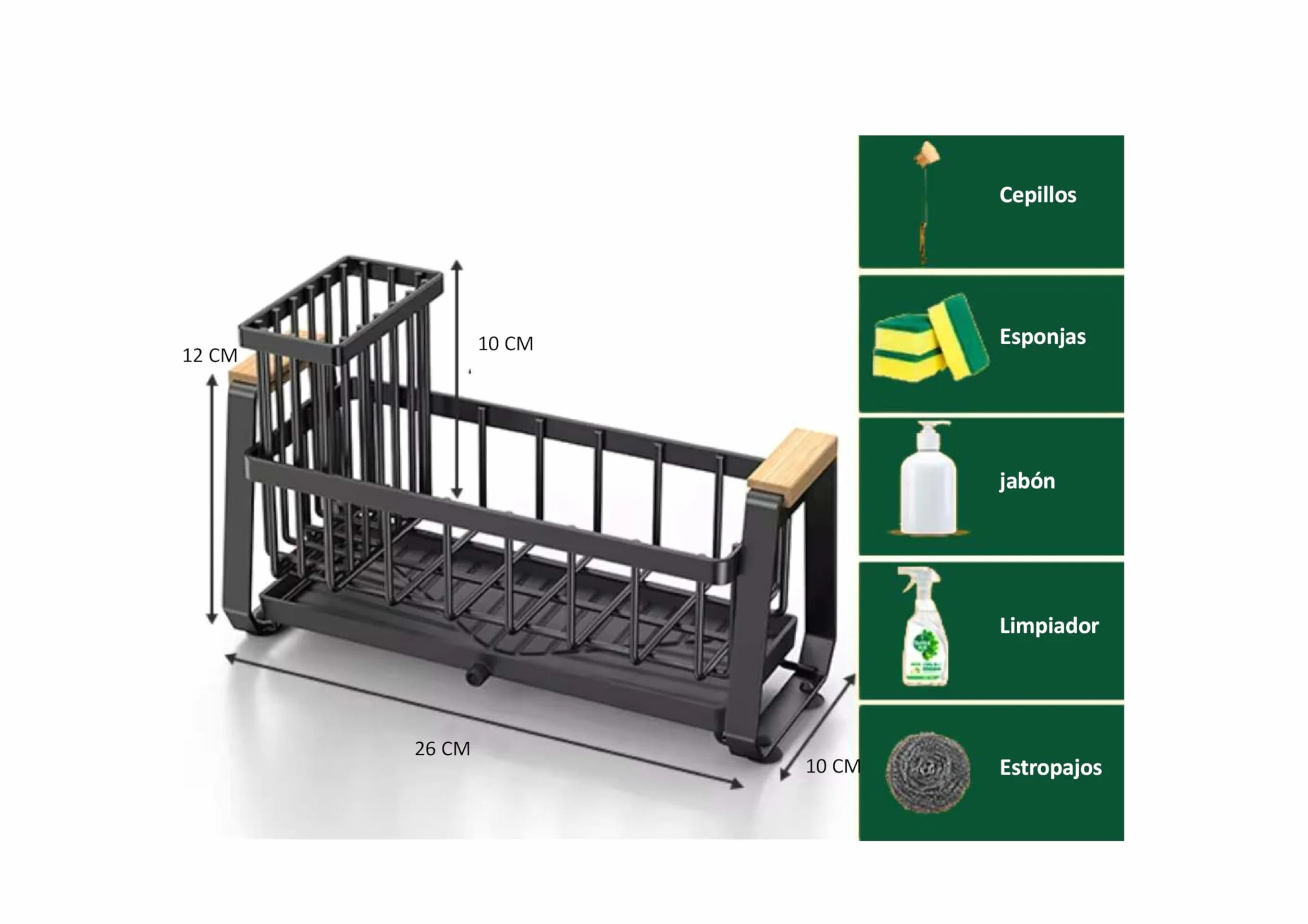Organizador de Cocina para Fregadero con Desagüe, Escurreplatos para Esponjas, Estropajo y Jabón con Bandeja Autodrenante, Organizador Negro para Esponjas, Accesorios de Cocina