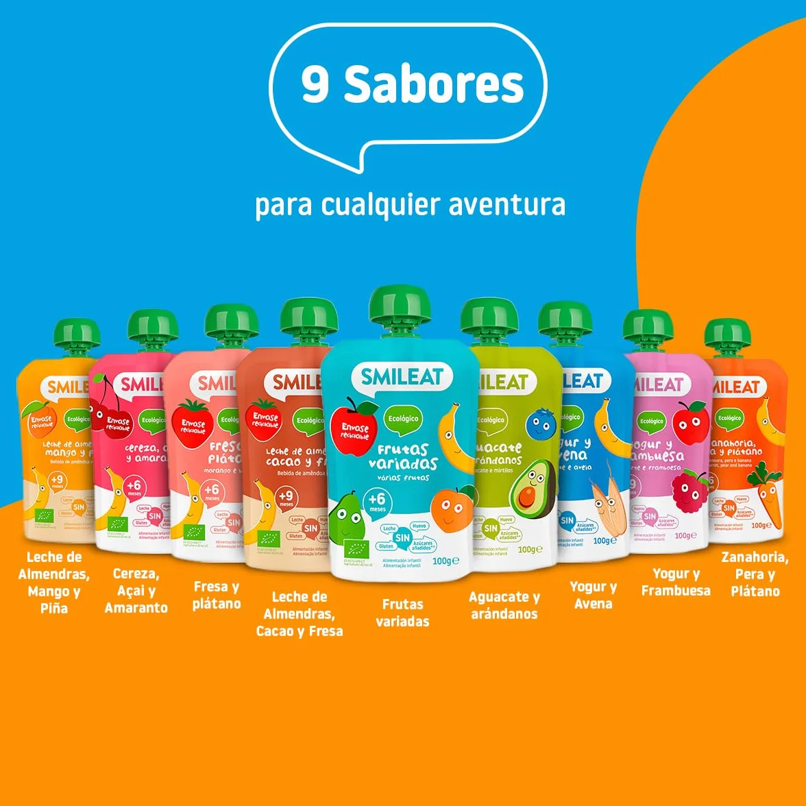 Smileat Pouch de Frutas Ecológicas Sin Azúcar Añadido Sin Gluten Snack para Peques Leche de Almendras Mango y Piña