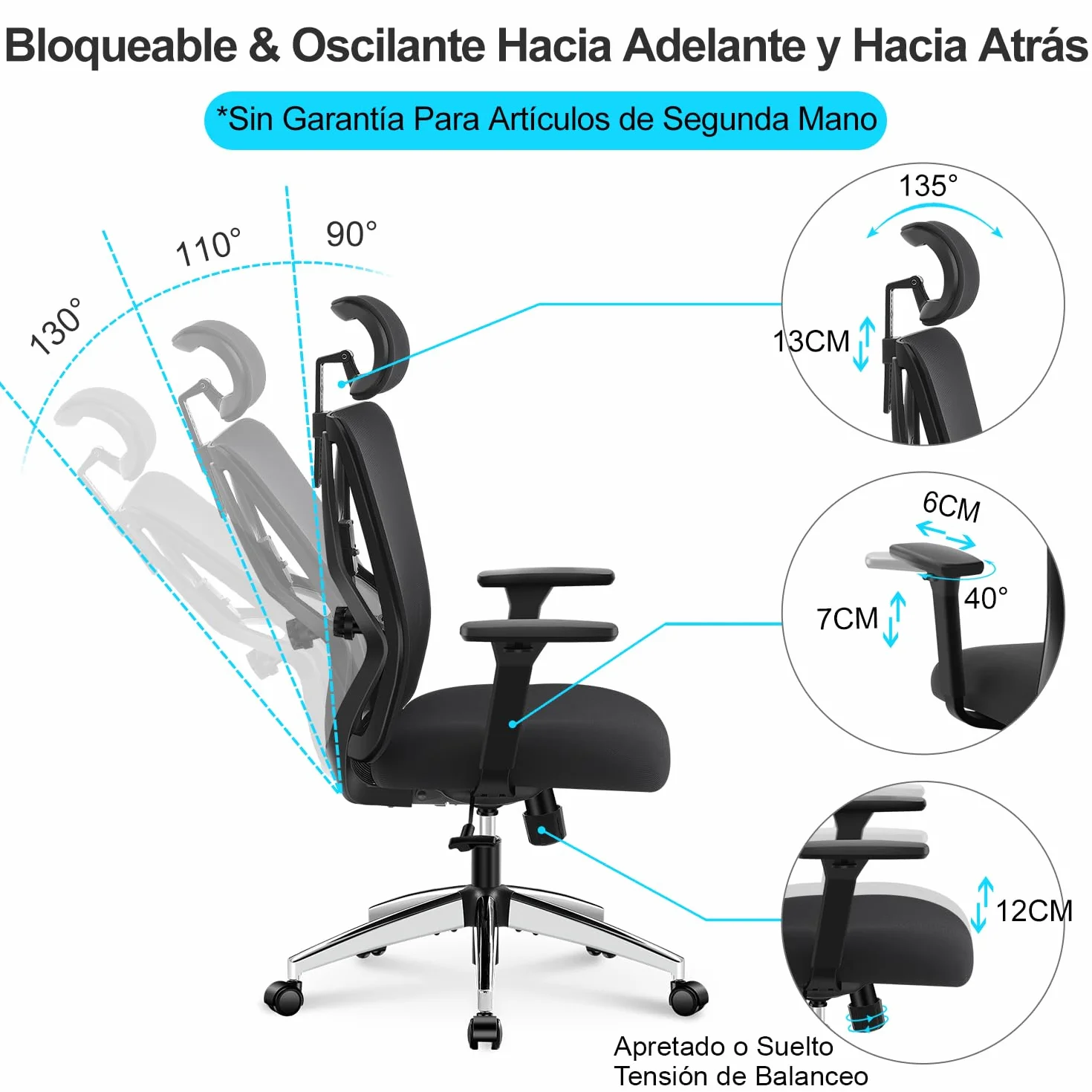 Ticova Silla de Oficina Ergonómica Respaldo Alto con Soporte Lumbar Ajustable Reposacabezas Reposabrazos 3D 130° Silla de Computadora Malla Mecedora