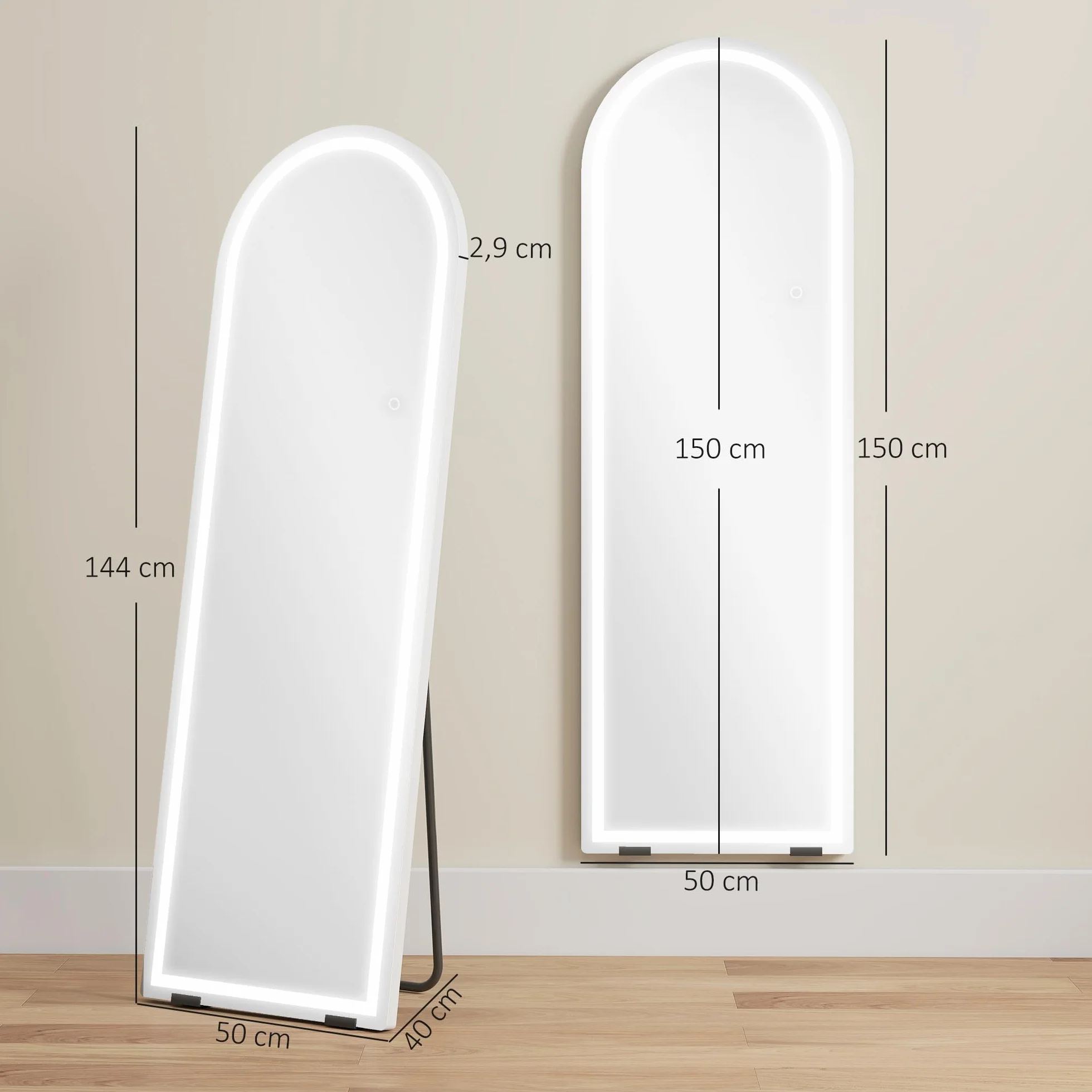 HOMCOM Espejo de Pie Cuerpo Entero con Luces, 150x50 cm, Espejo de Cuerpo Entero Arqueado sin Marco, Color y Brillo Ajustables, Función de Memoria, Independiente, Apoyado y de Pared, Transparente