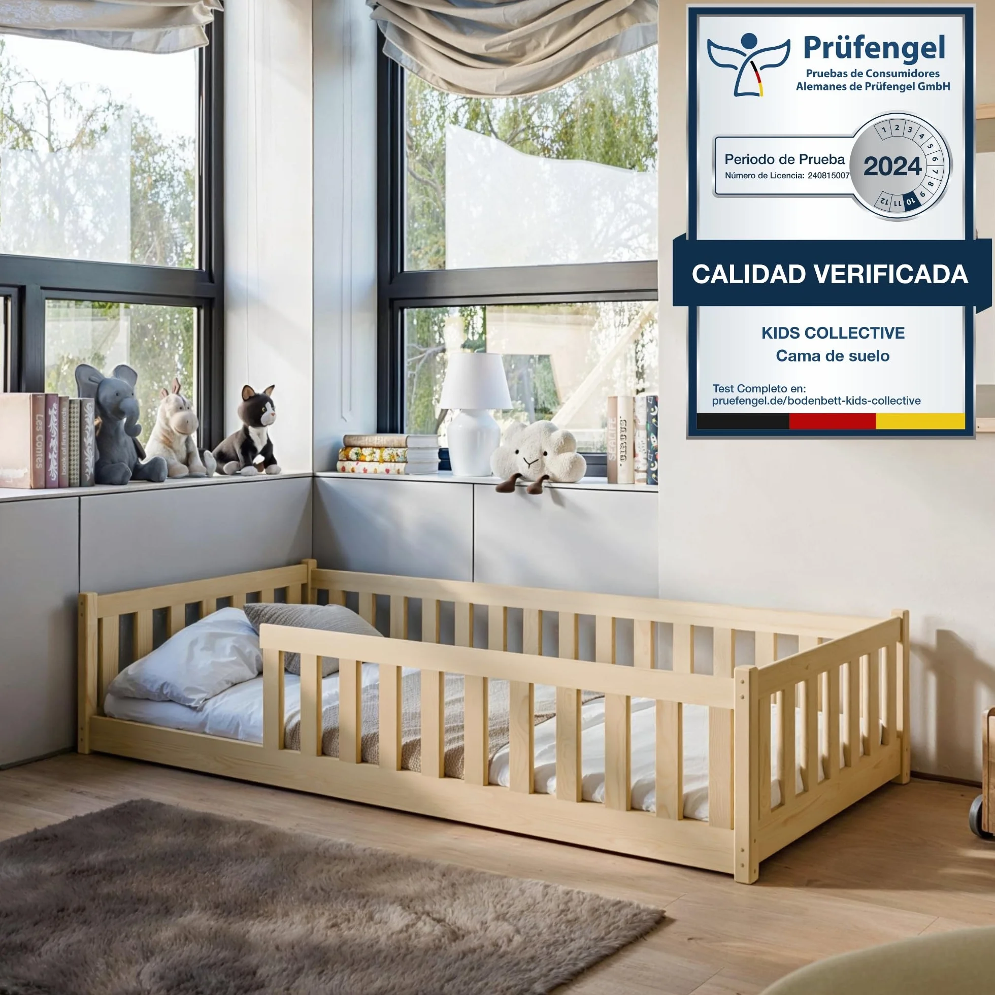 Kids Collective Cama Infantil de Suelo de 90x190 cm con protección anticaídas y somier, Cama Montessori, Cuna Infantil, Cama Juvenil, Cama Individual | Natural