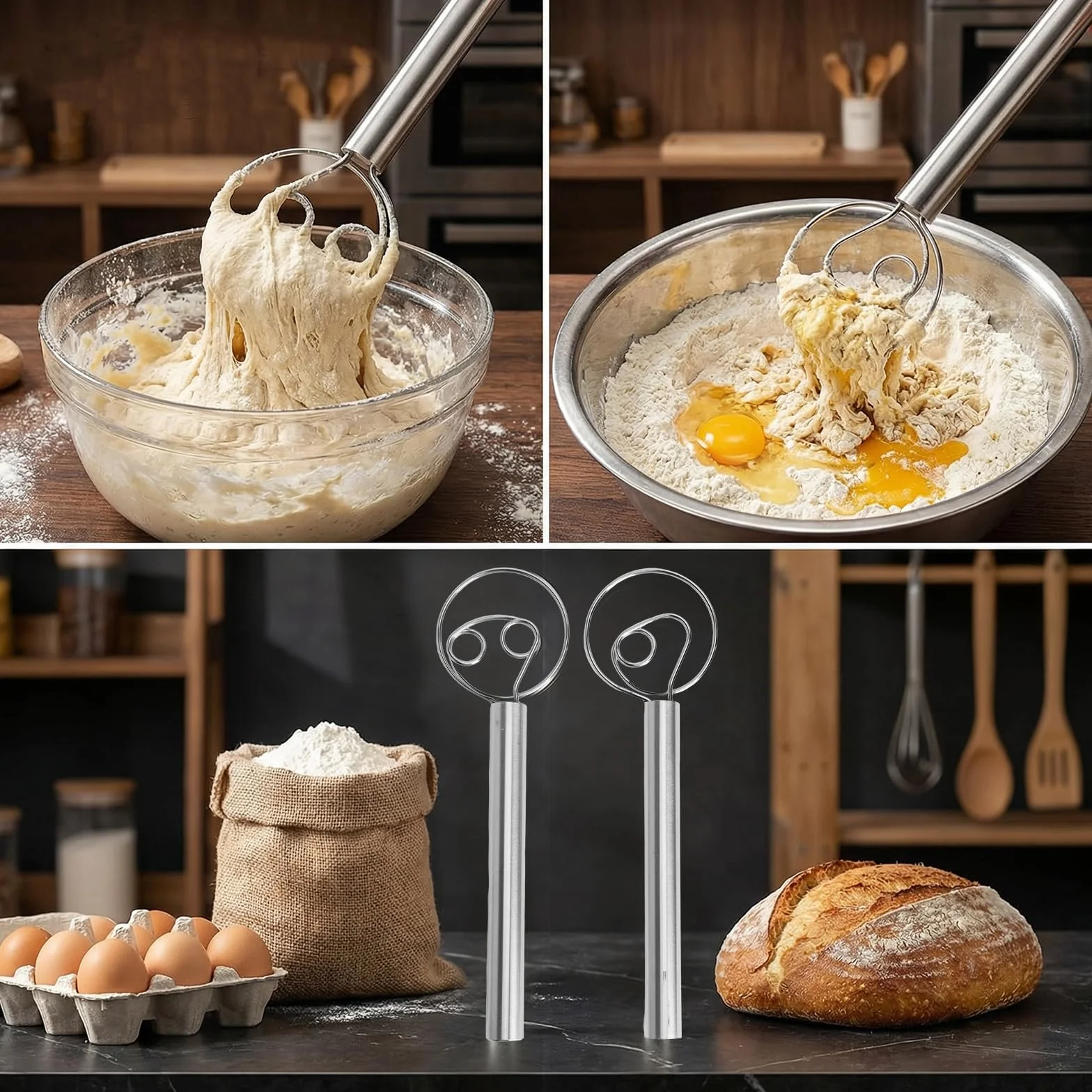 Batidor Danés Acero Inoxidable 304 para Masa Pizza Pan Doble Espiral