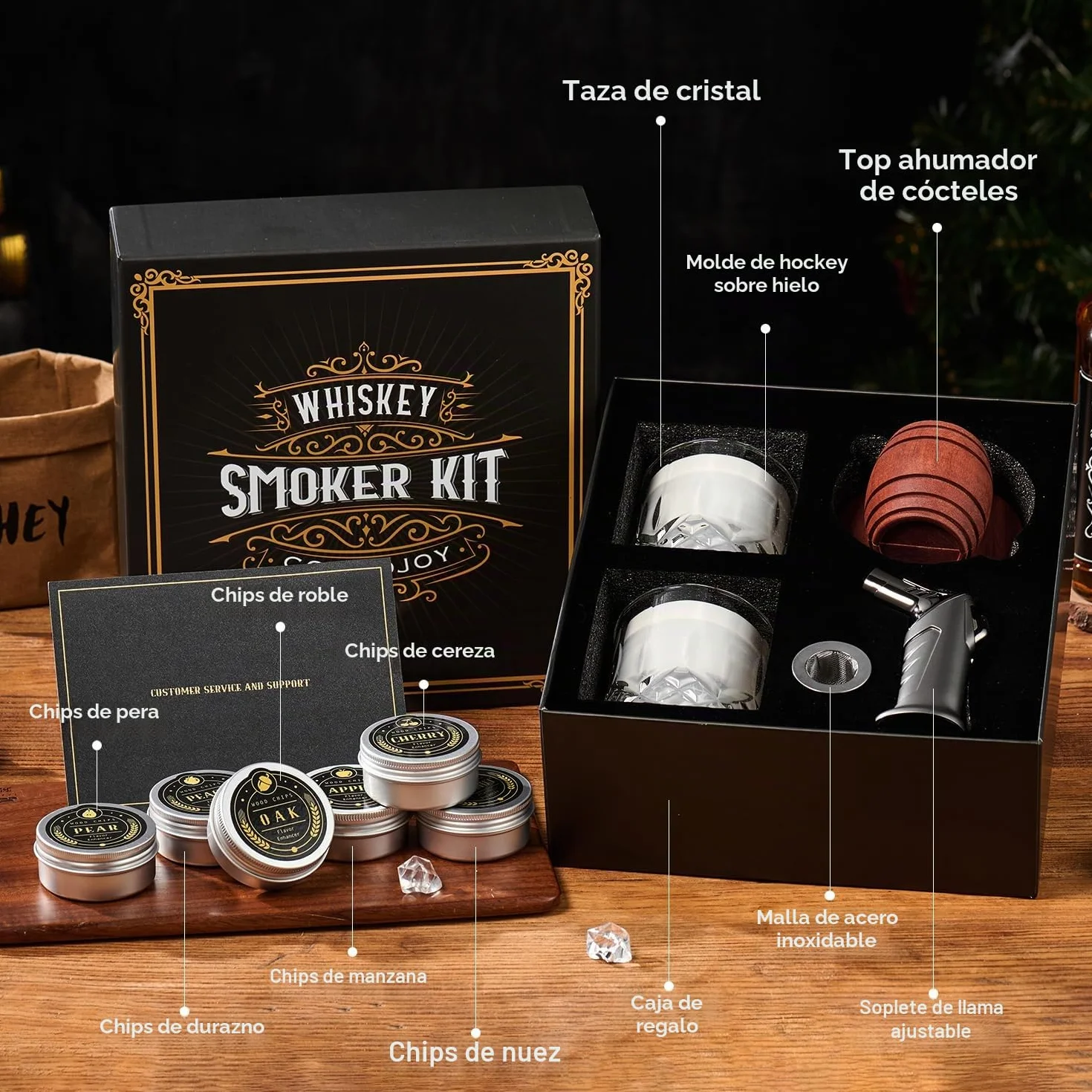Kit de ahumador de whisky con antorcha, 6 sabores, chips de madera, 2 vasos, 2 moldes de bolas de hielo