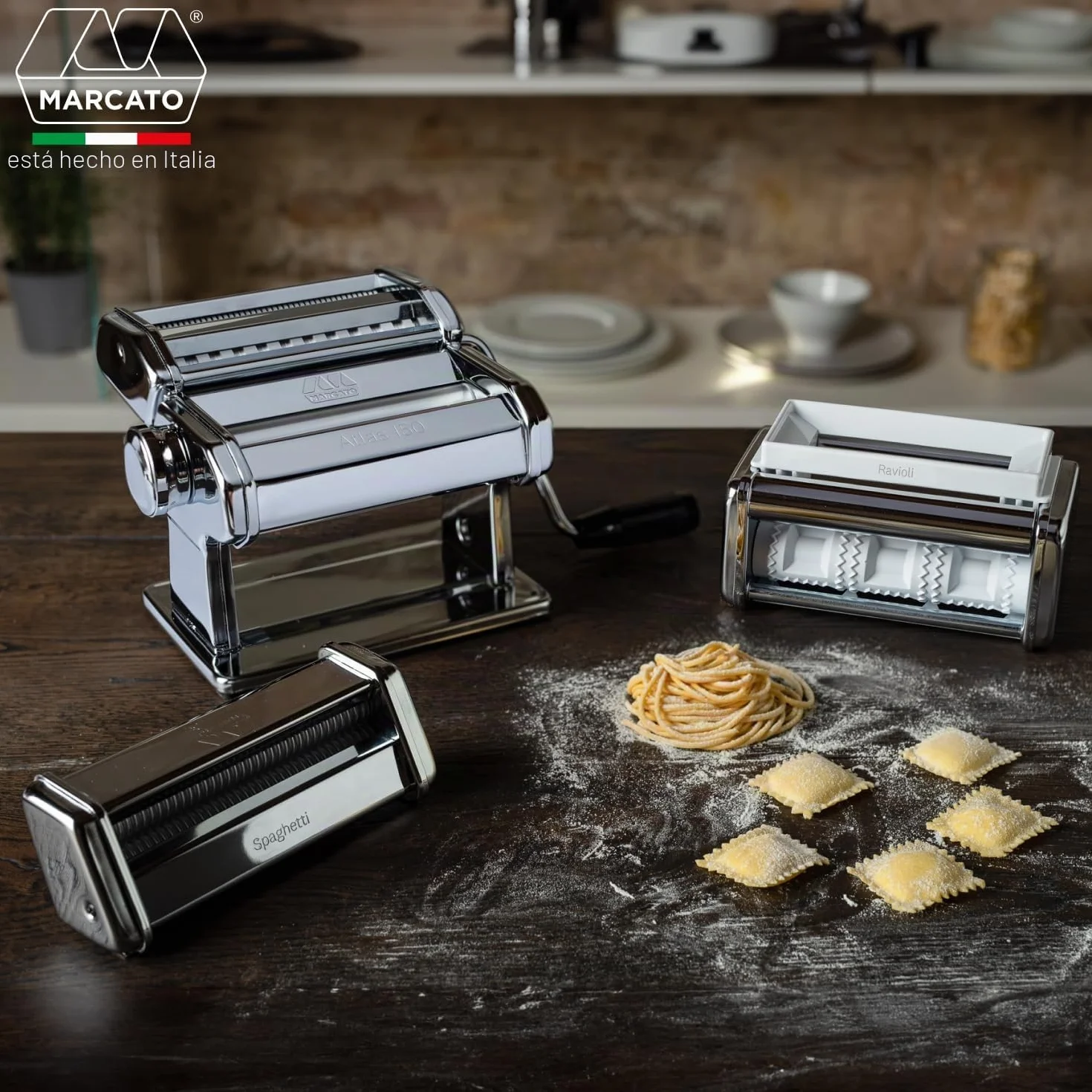 PastaSet, Máquina para pasta manual con accesorios incluidos para Raviolis y Espaguetis