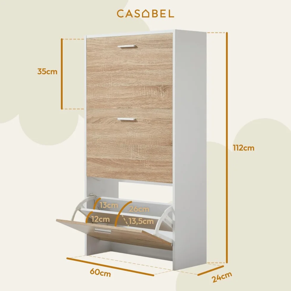 CASABEL Mueble Zapatero Moderno 3 abatibles, Almacenamiento para Zapatos 18 Pares, Madera Clara y Blanco, Mueble de Madera, Dimensiones L60xP24xH113 cm, Gran Capacidad, fácil de Instalar