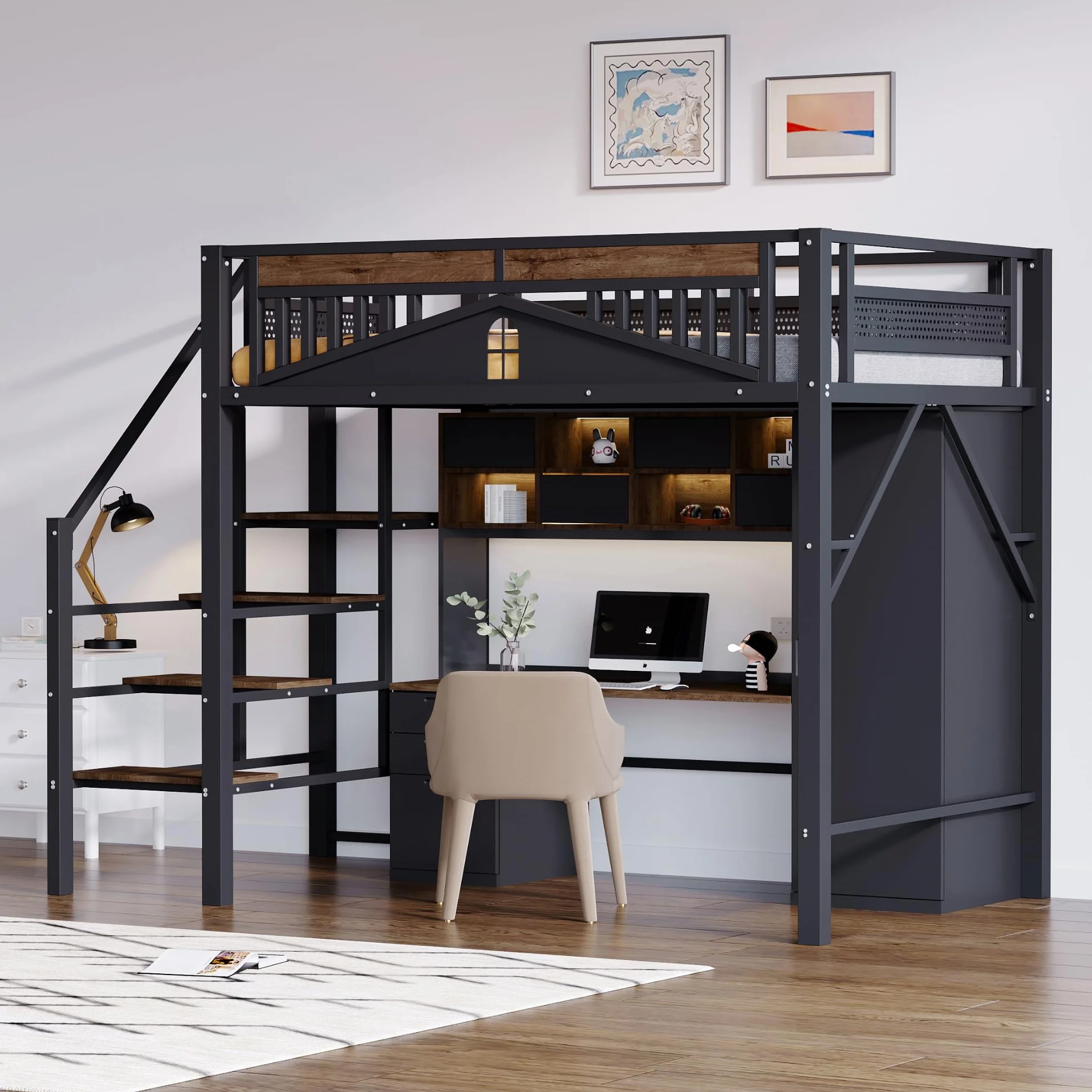 SACOOL Cama alta de metal de 140 x 200 cm, forma de carcasa única con diseño de ventana, con escalera de seguridad, mucho espacio debajo de la cama, color negro