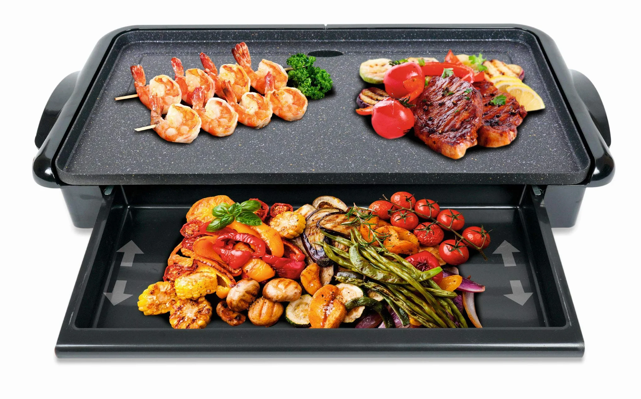 Sogo Plancha Eléctrica de Asar y Raclette con Bandeja Interior de Plástico Reutilizable sin BPA - Grill Parilla de Cocina Placa Lisa (plana) Antiadherente de 46x26cm, libre de PFOA, 2000w (SS-10340)