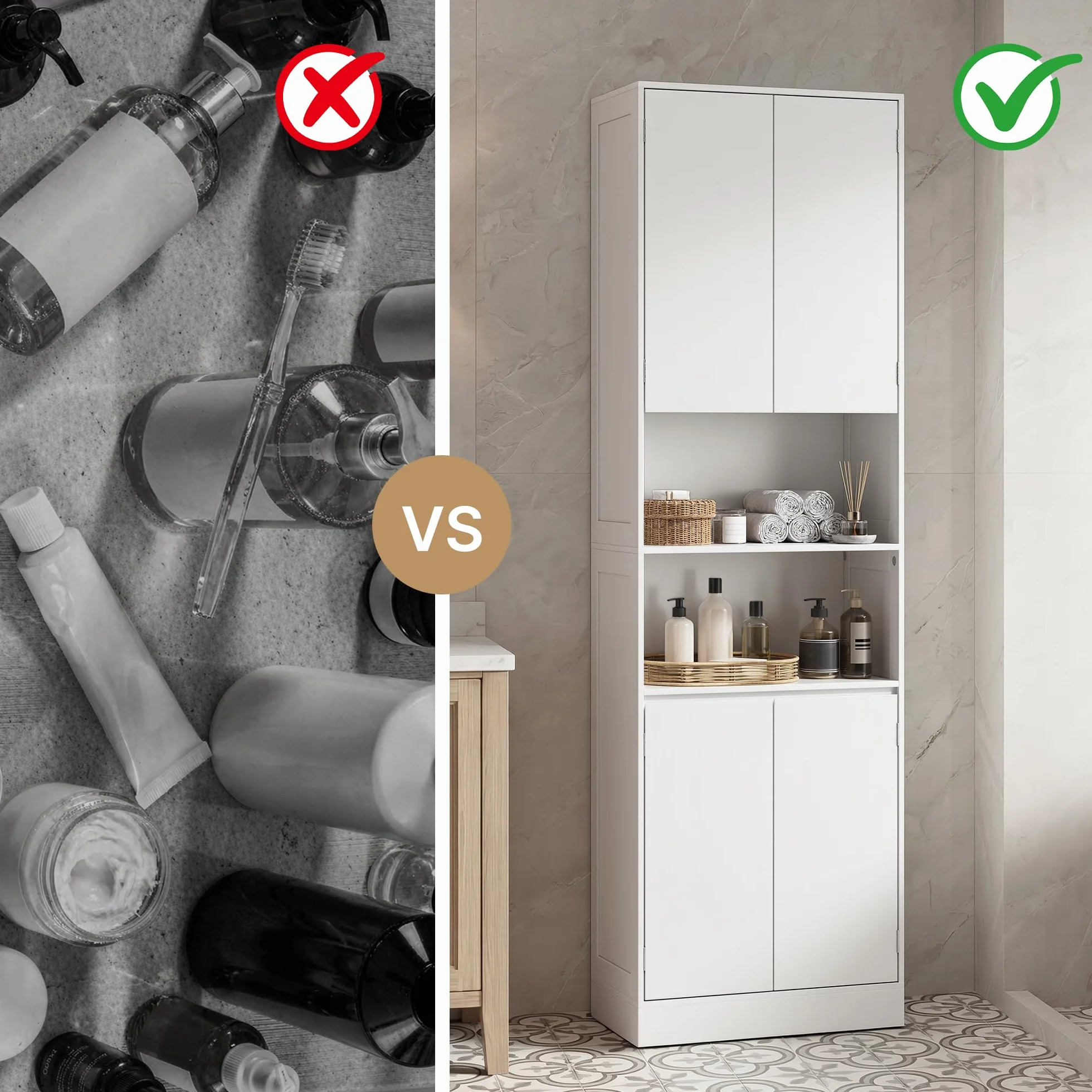 Xbro Mueble de baño 190×30×57 cm, Armario almacenaje con estantes Regulables, cajones y estantes Abiertos, Armario Alto Multiuso para baño, Cocina y salón, Montaje fácil,Blanco