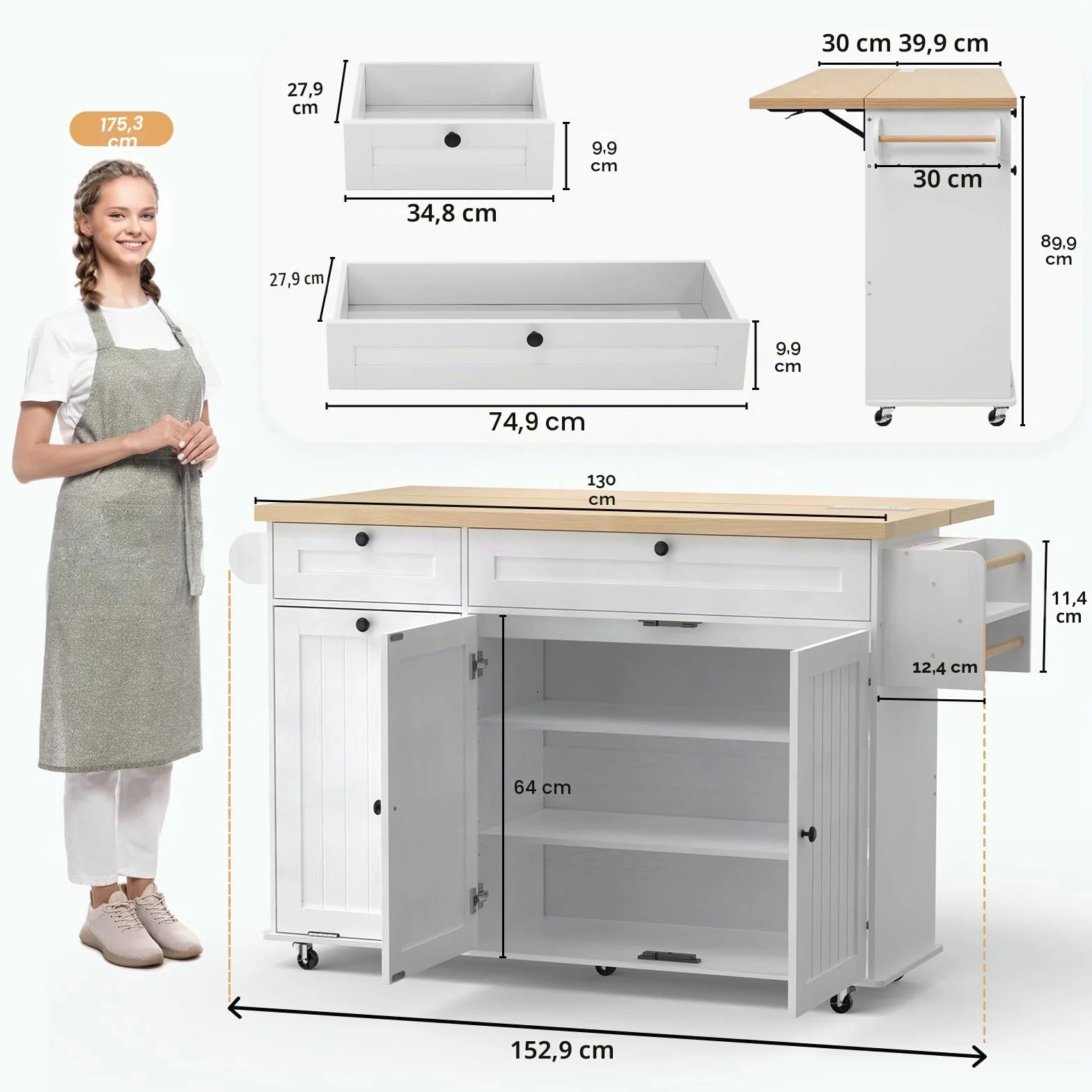 Isla de cocina de 60 pulgadas con toma de corriente y hoja de caída, isla rodante de cocina con estante para especias y toallero, soporte para cuchillos, carrito de isla de cocina con armario de