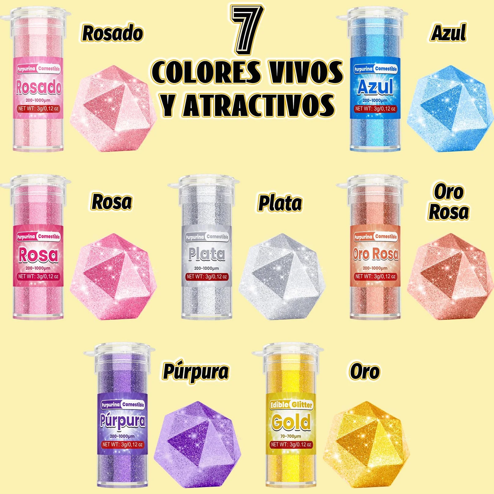 Purpurina Comestible 7 Colores Vivos Glitter Comestible Reposteria 3g sin Sabor para Bebidas, Tarta, Macarons