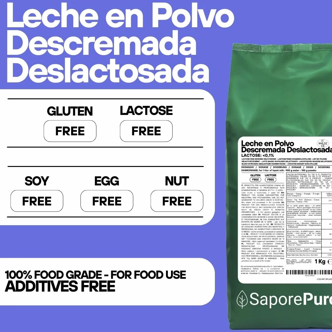 SaporePuro Leche Desnatada en Polvo Sin Lactosa 1 kg – Ideal para Pasteles, Pan y Helados, Uso Profesional e Industrial