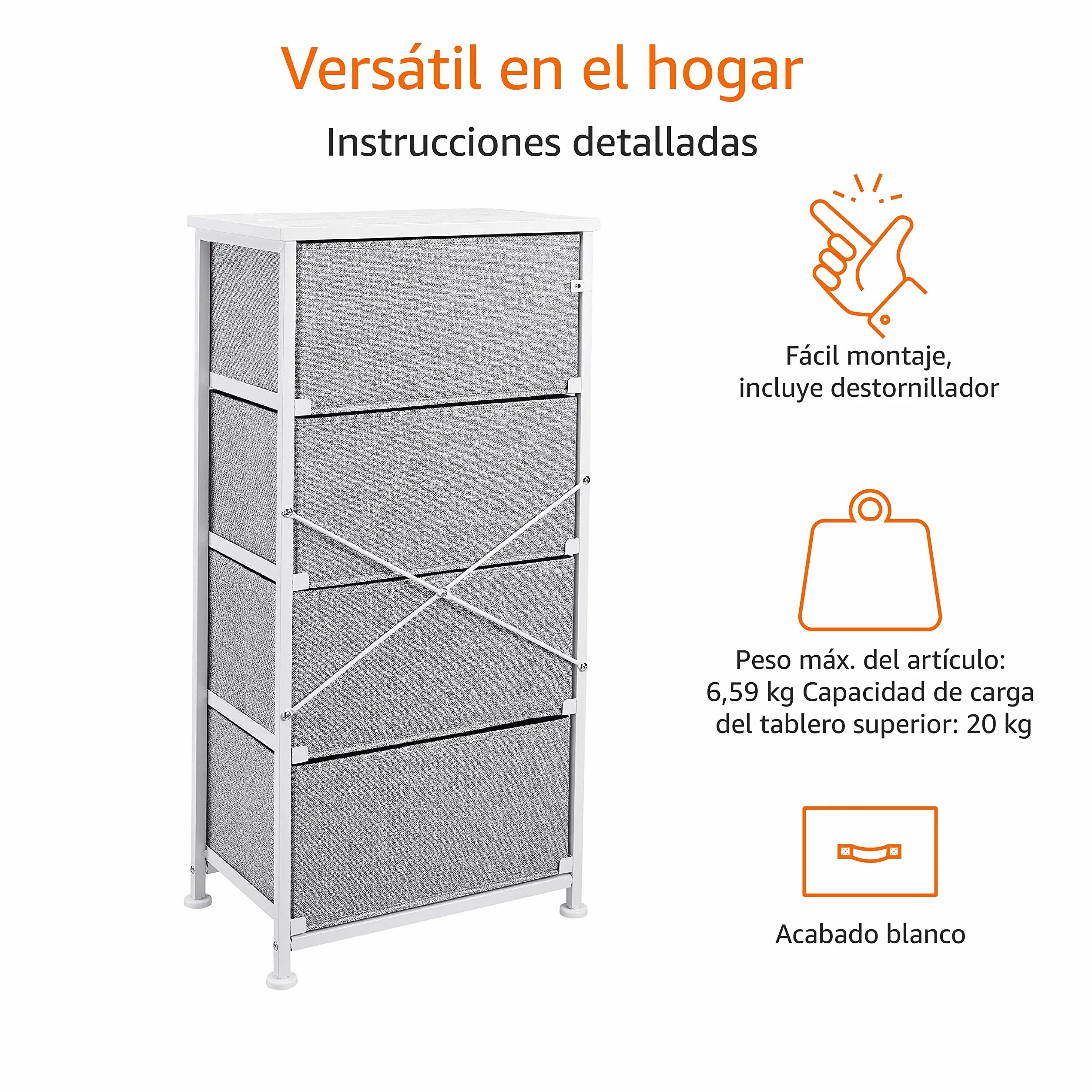 Amazon Basics Unidad de almacenamiento, de tela, con 4 cajones, para armario, blanco