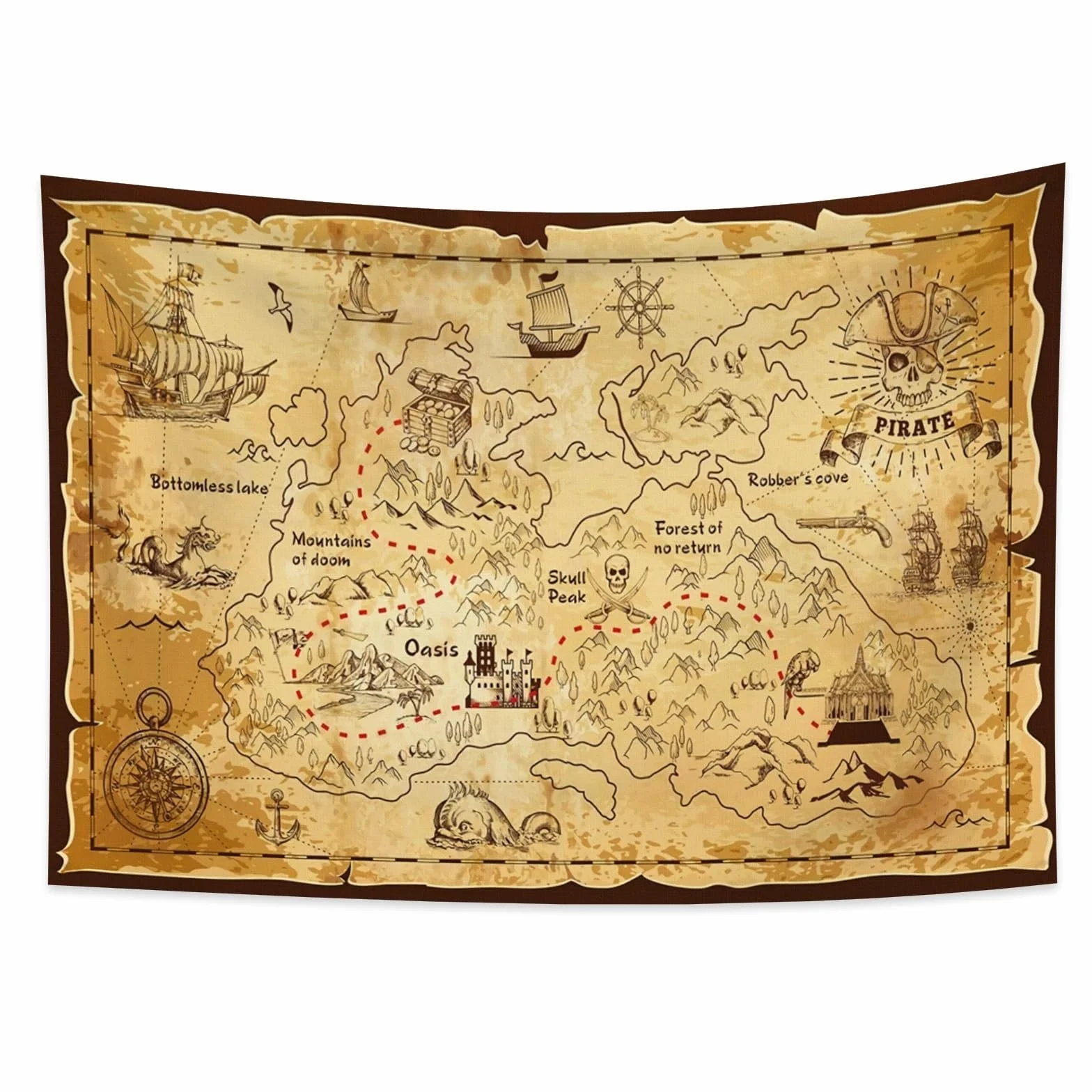 YONGFOTO Tapiz Mapa del TesoroAntiguos Pirata Mapa Mundi Decoracion Pared Poster Isla Occidental Ruta Navegación Dormitorio Cubierta Sofá Cama, 100x70cm