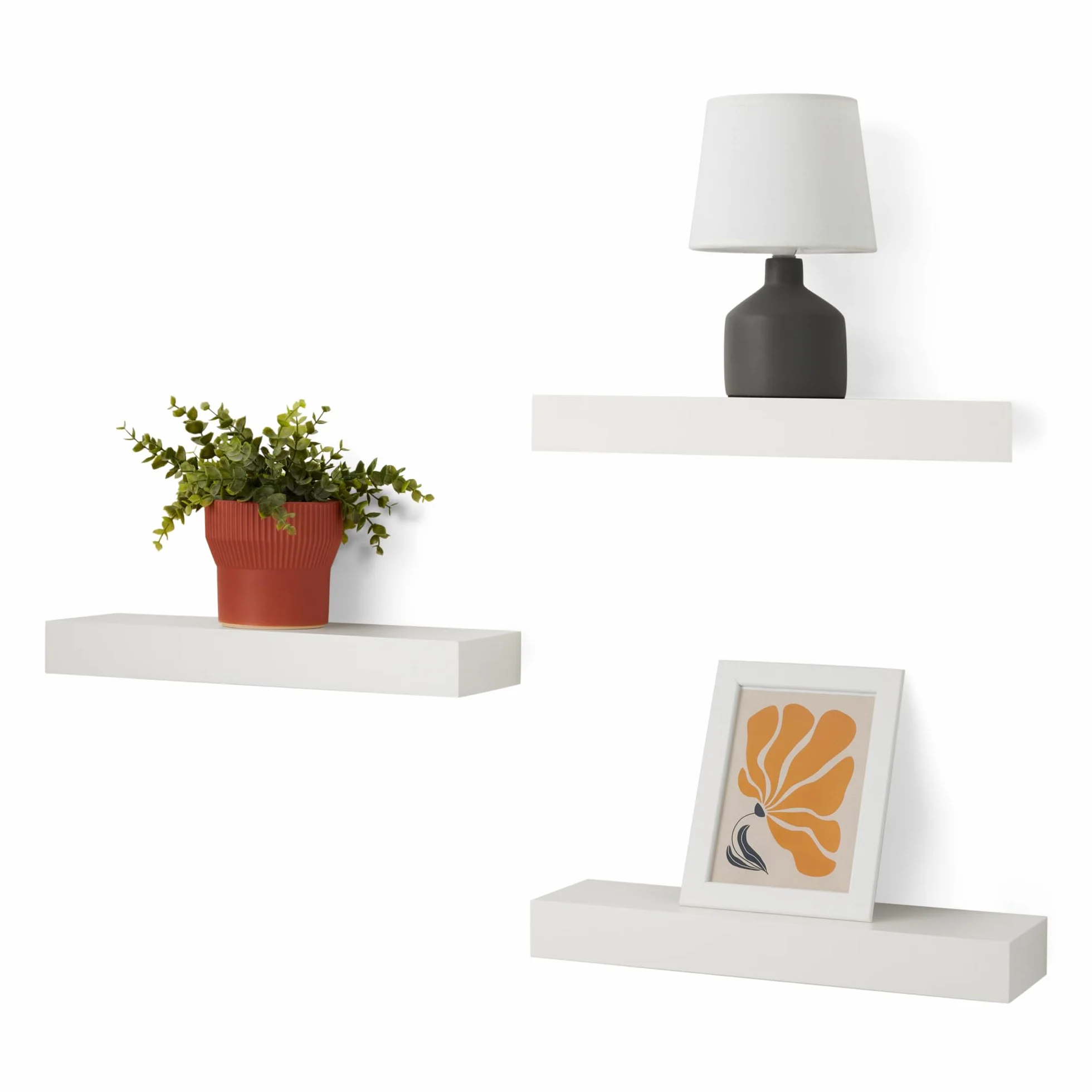 Amazon Basics Estantes Flotantes de Pared de Madera, 3 Unidades, Blanco, 40x12x5 cm