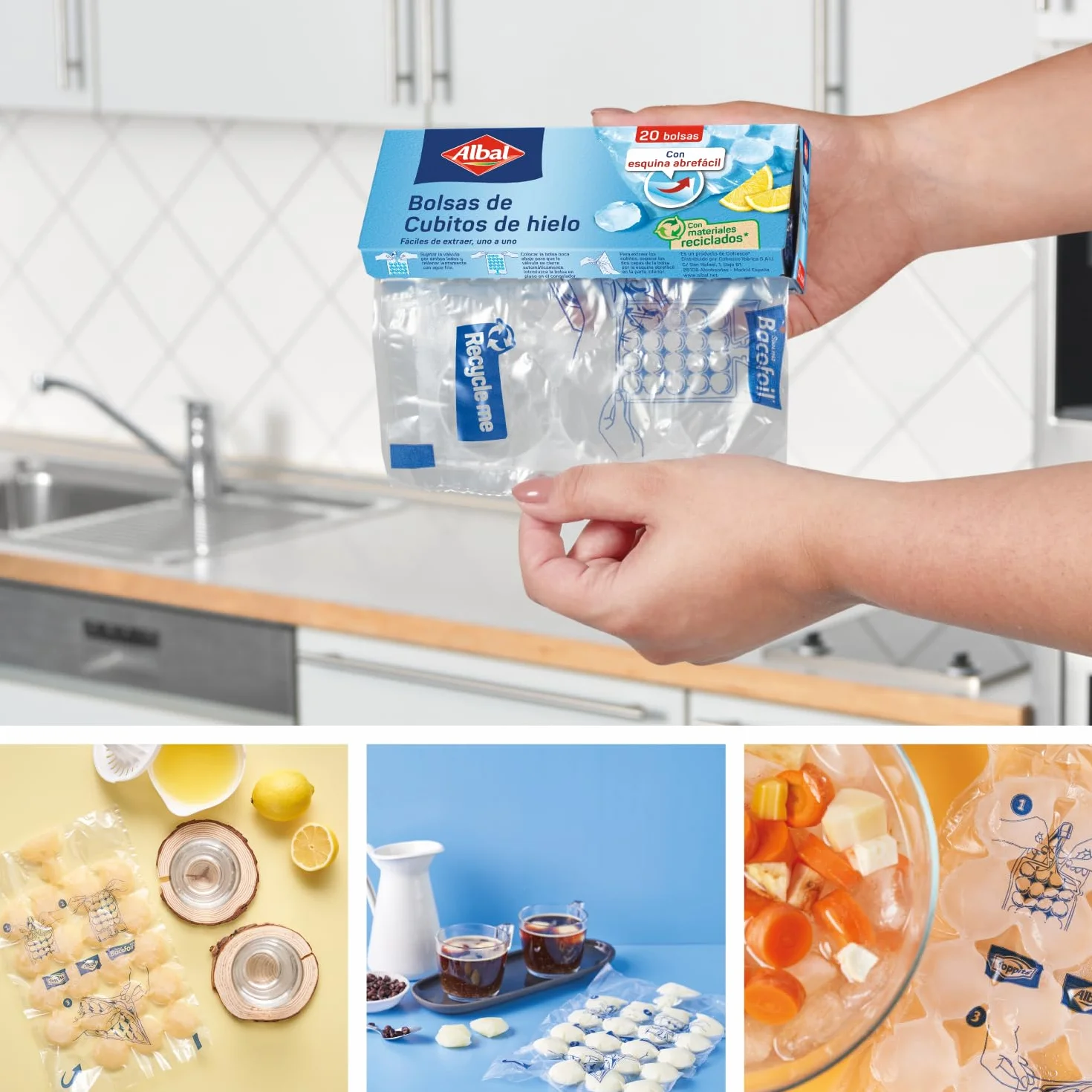 Albal Bolsas de cubitos de hielo con válvula de cierre automático, 20 unidades, material reciclado, sin BPA