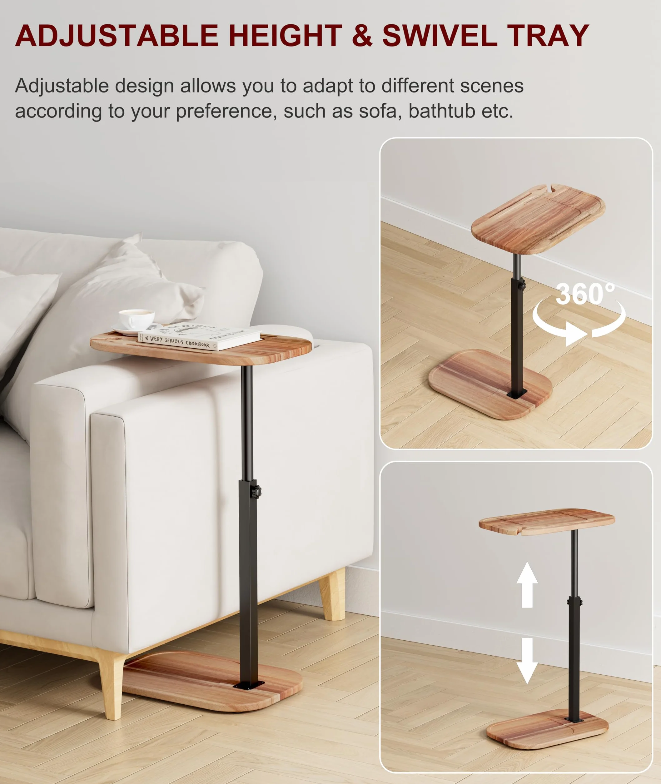 Mesa de bandeja de TV giratoria de altura ajustable para sofá, madera de acacia, mesa auxiliar en forma de C